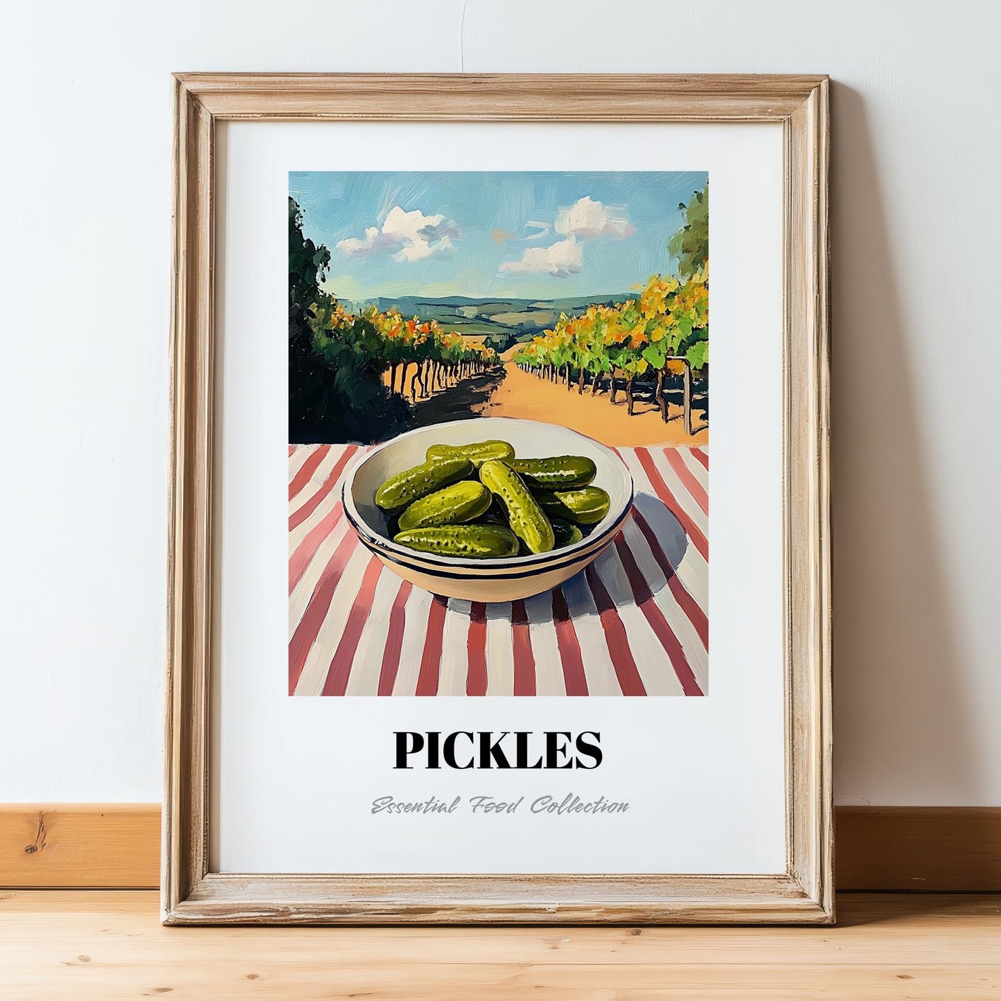 Pickles – Hilltop Table Scene, American Food Illustration, in wooden frame leaning on the floor