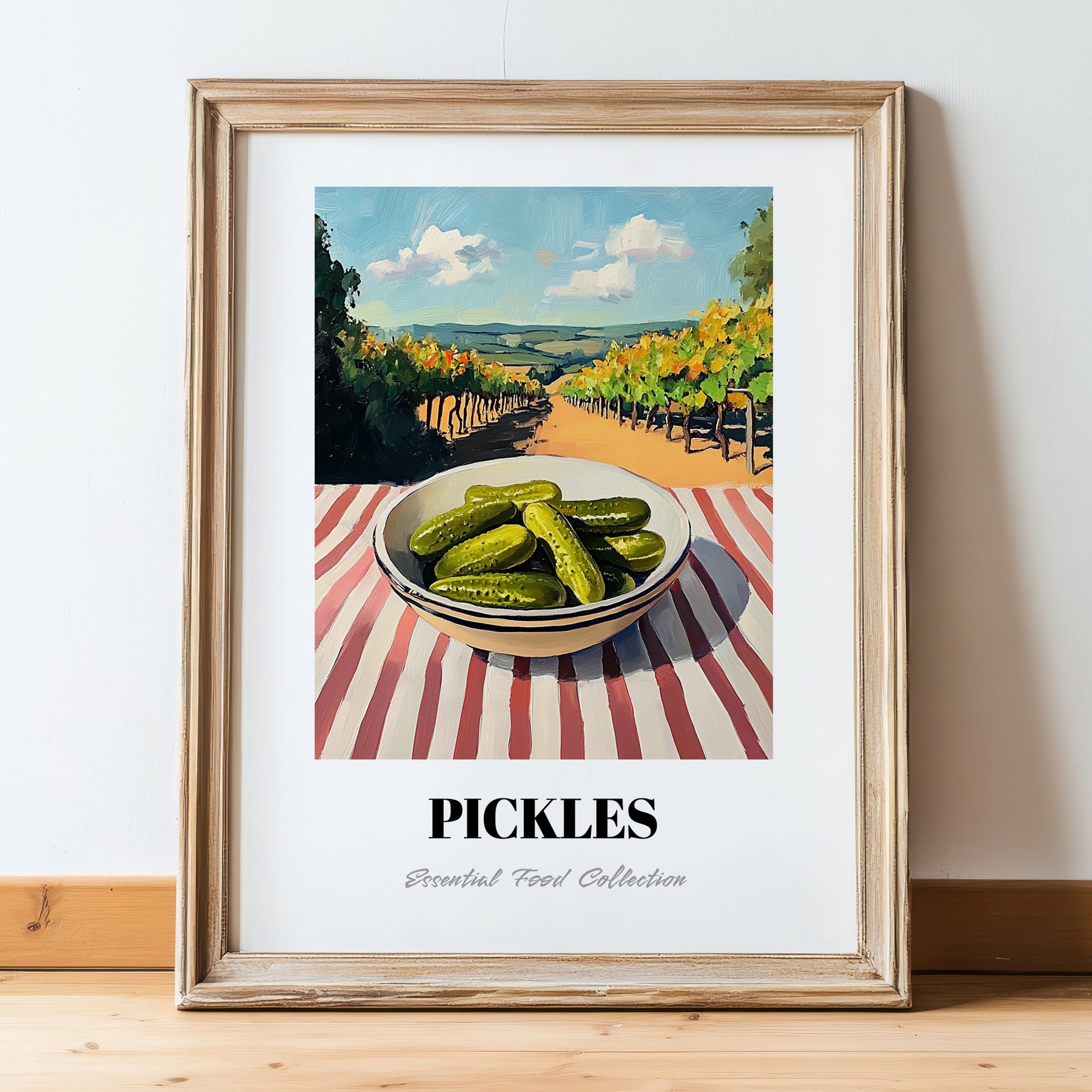 Pickles – Hilltop Table Scene, American Food Illustration, in wooden frame leaning on the floor