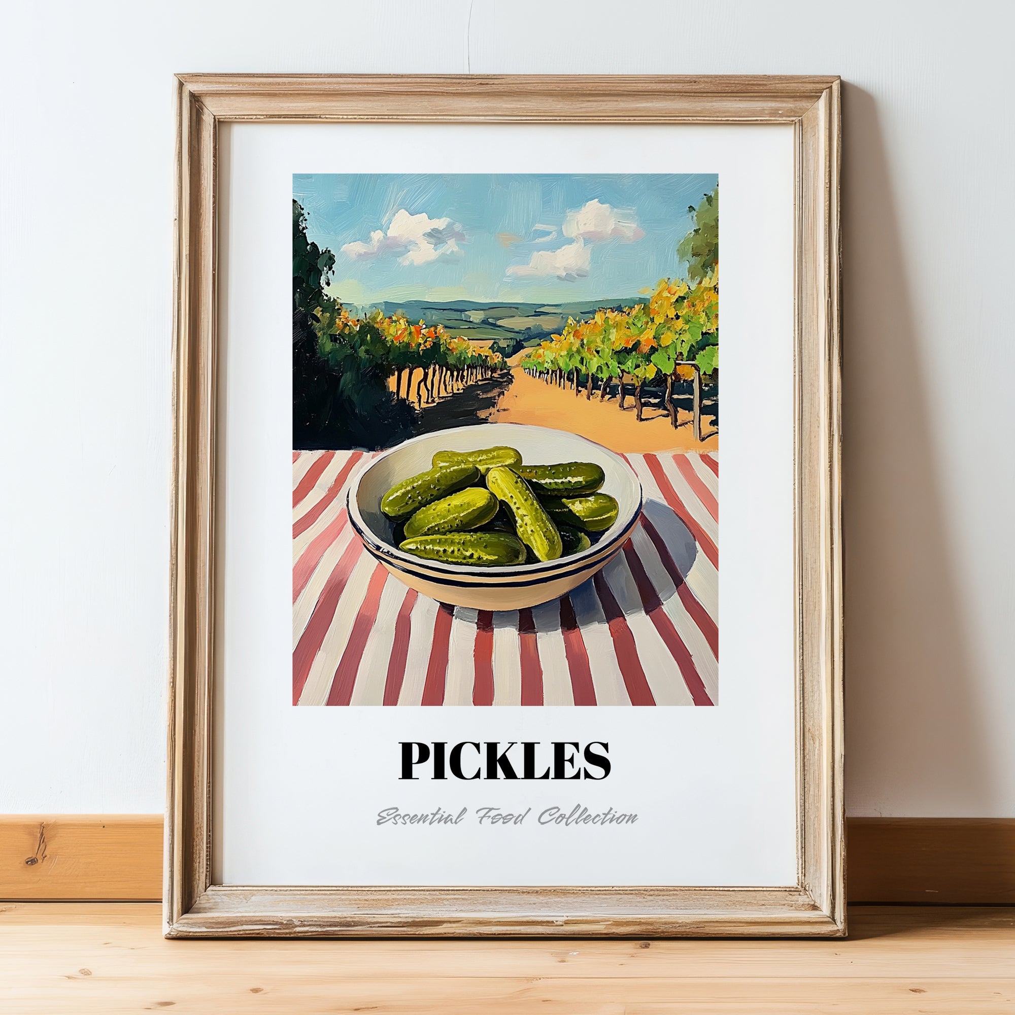 Pickles – Hilltop Table Scene, American Food Illustration, in wooden frame leaning on the floor