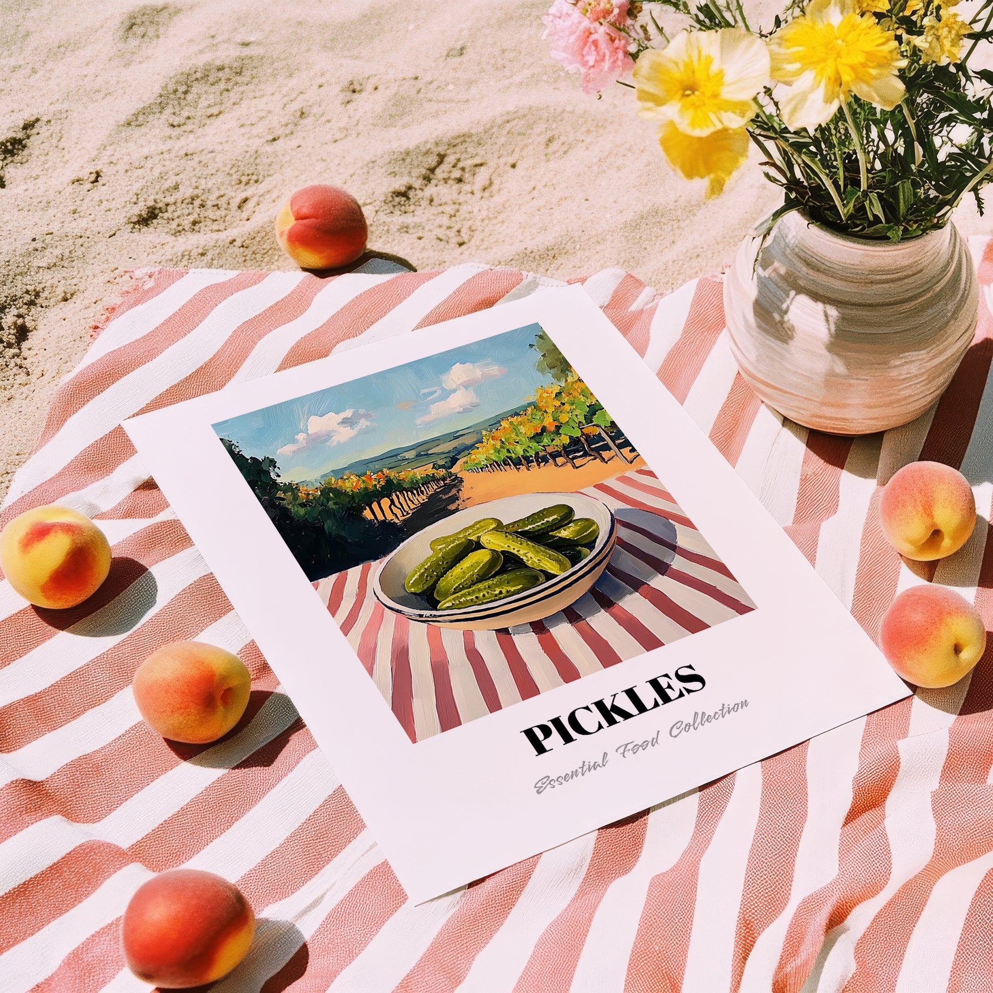Pickles – Hilltop Table Scene, American Food Illustration, unframed on coastal sand