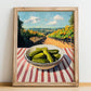 Pickles – Hilltop Table Scene, American Food Illustration, no-text version framed in wood