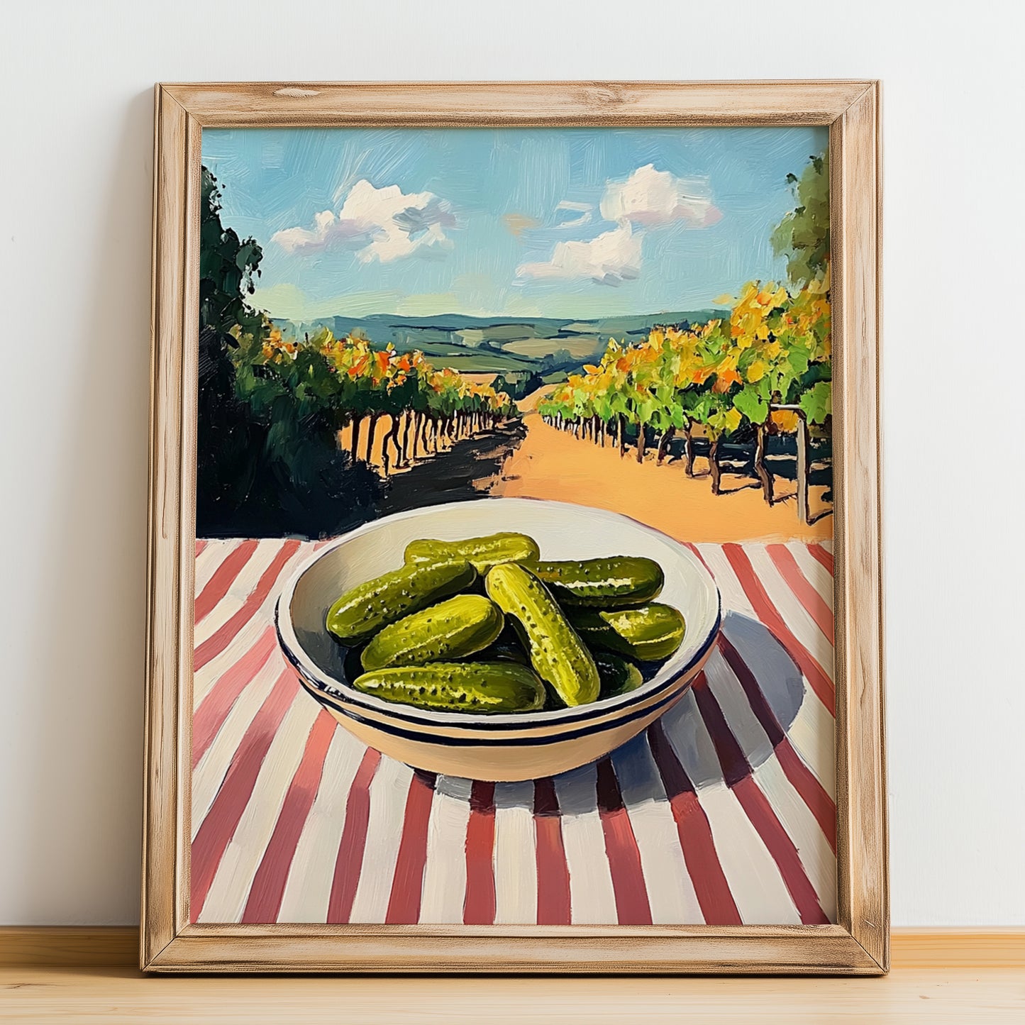 Pickles – Hilltop Table Scene, American Food Illustration, no-text version framed in wood
