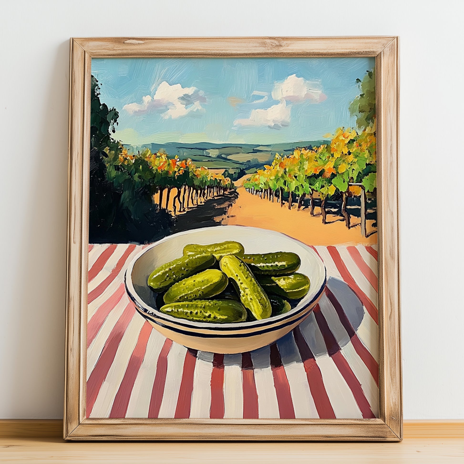 Pickles – Hilltop Table Scene, American Food Illustration, no-text version framed in wood