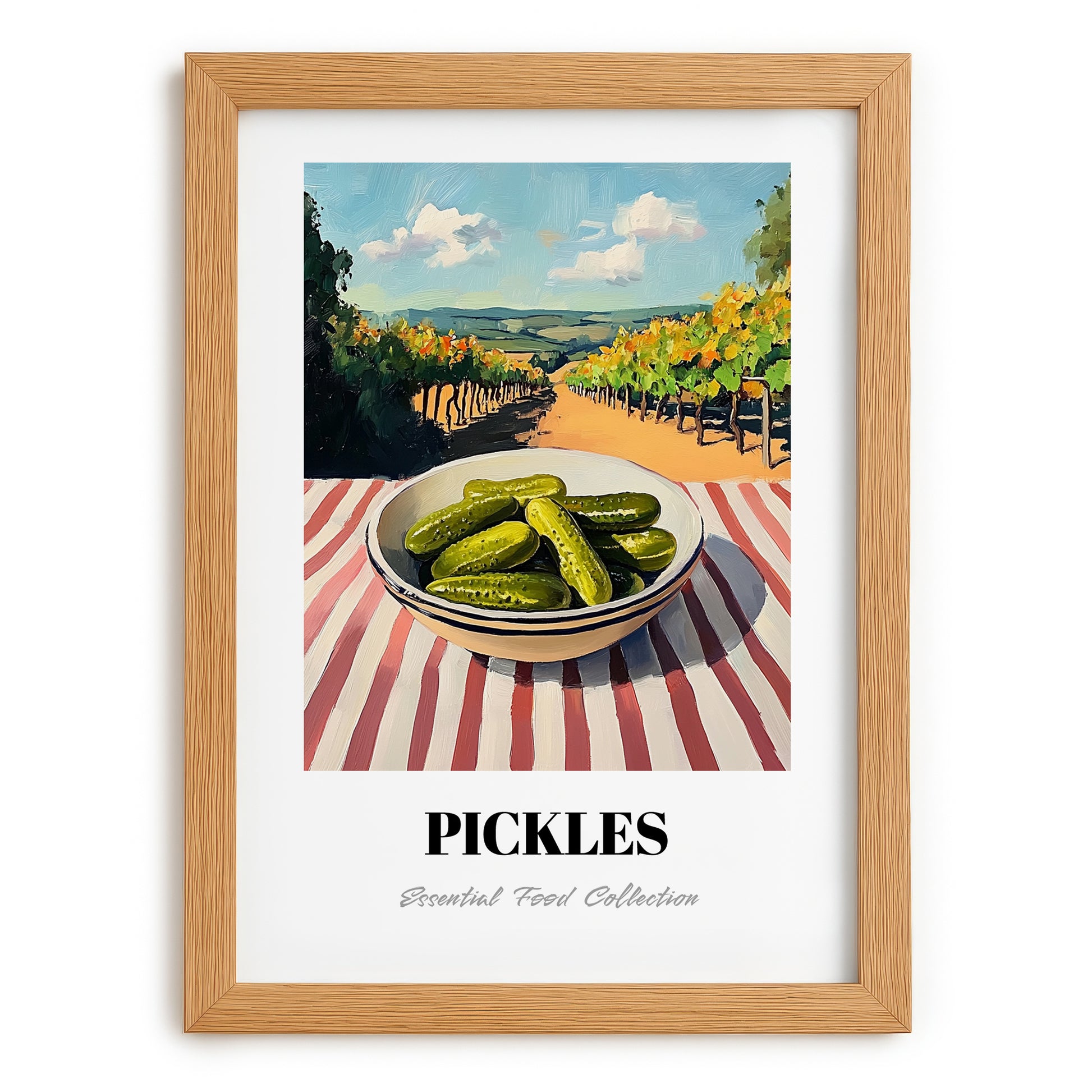 Pickles – Hilltop Table Scene, American Food Illustration, set in oak frame