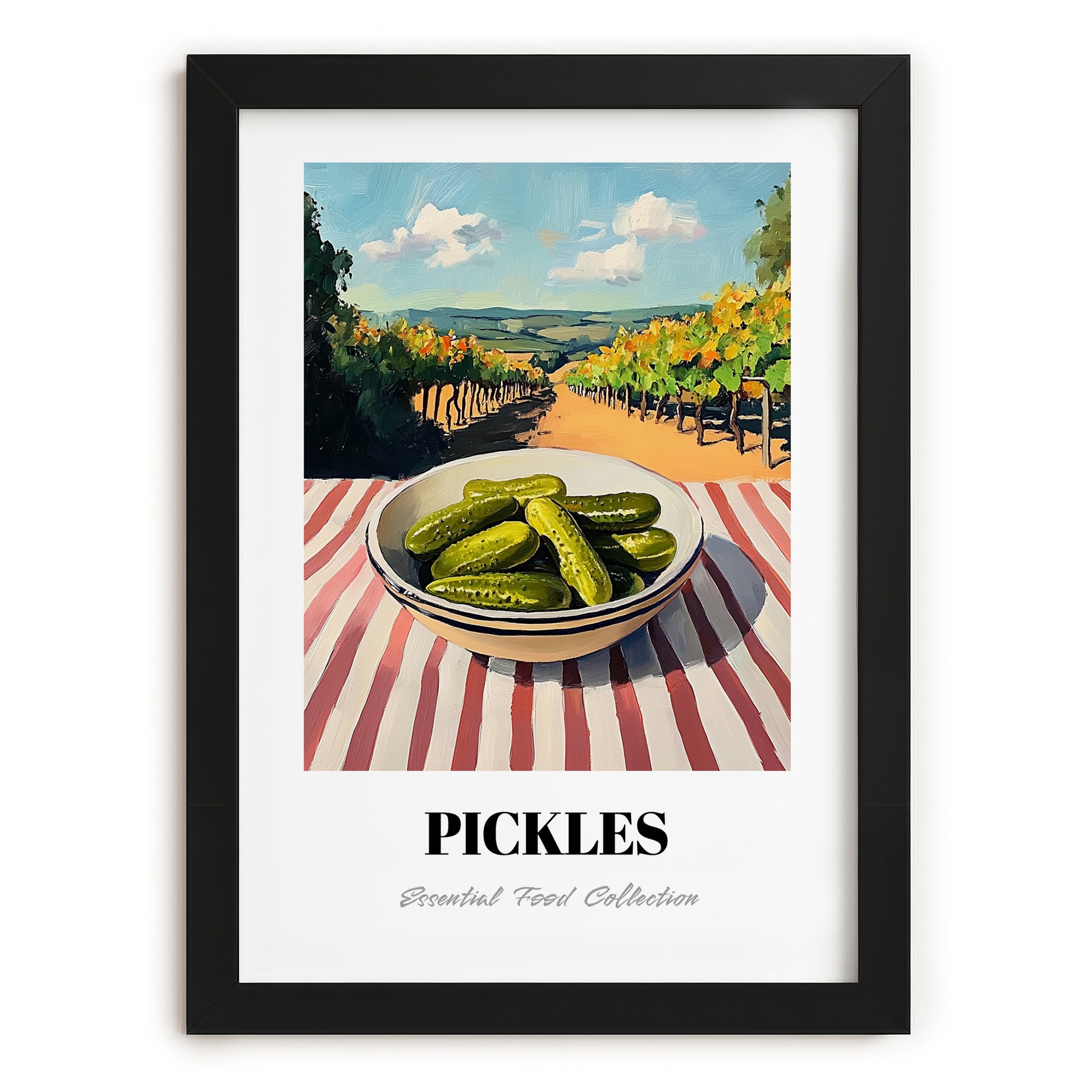 Pickles – Hilltop Table Scene, American Food Illustration, in sleek black frame