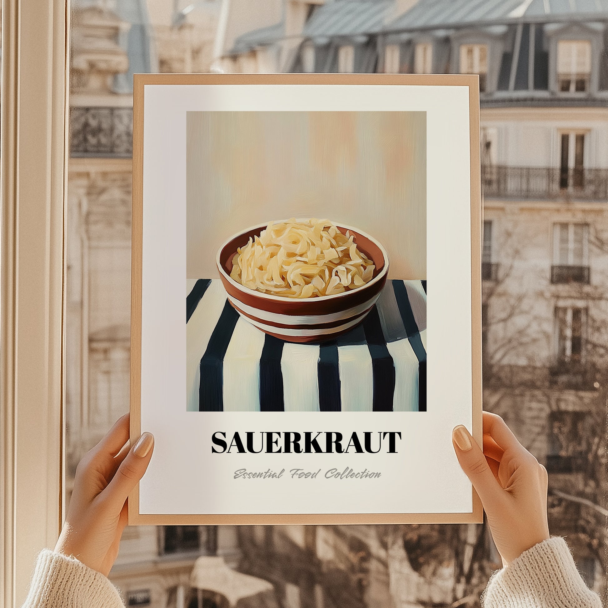 Sauerkraut – on Striped Tablecloth, German Food Still Life, styled in a charming Paris street view