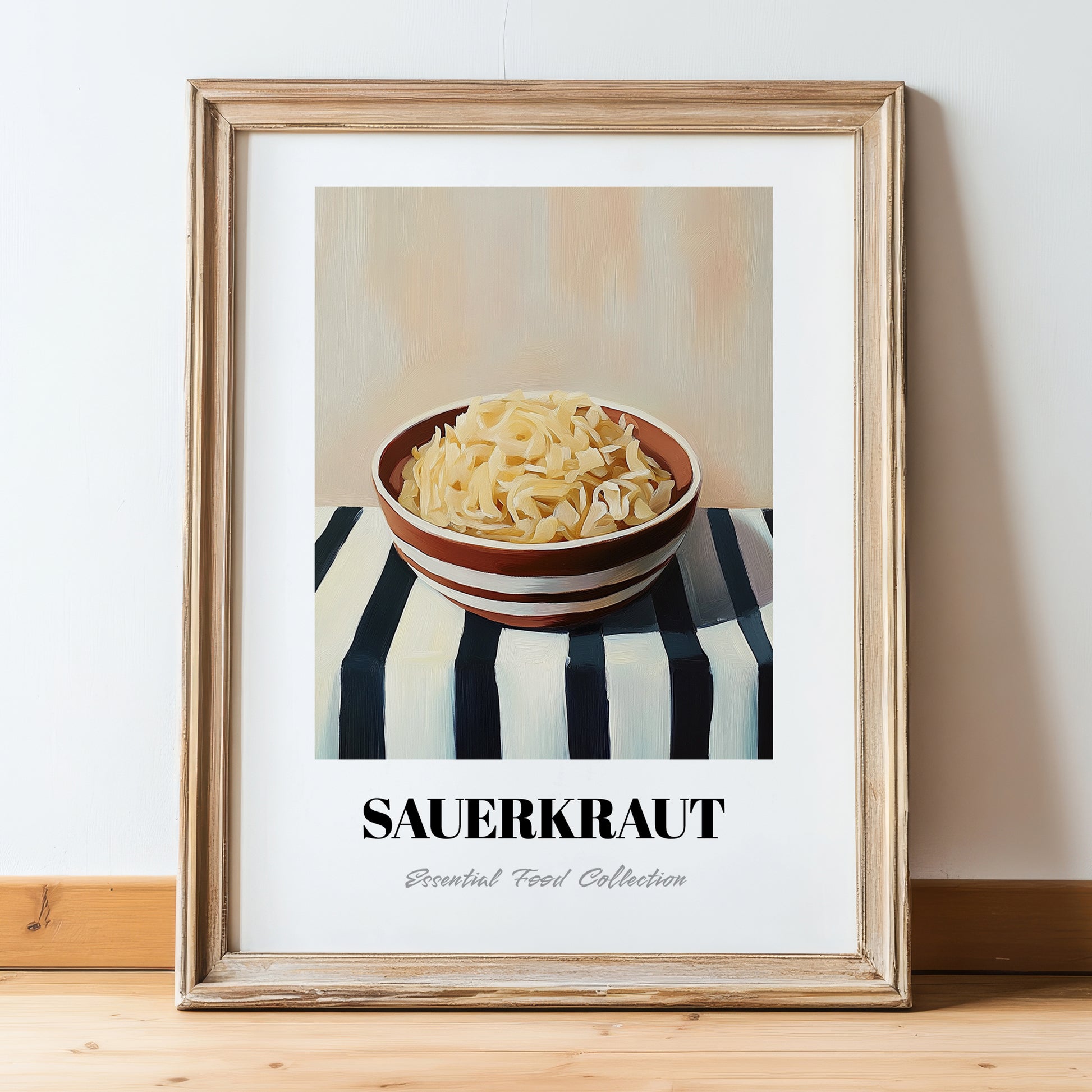 Sauerkraut – on Striped Tablecloth, German Food Still Life, in wooden frame leaning on the floor