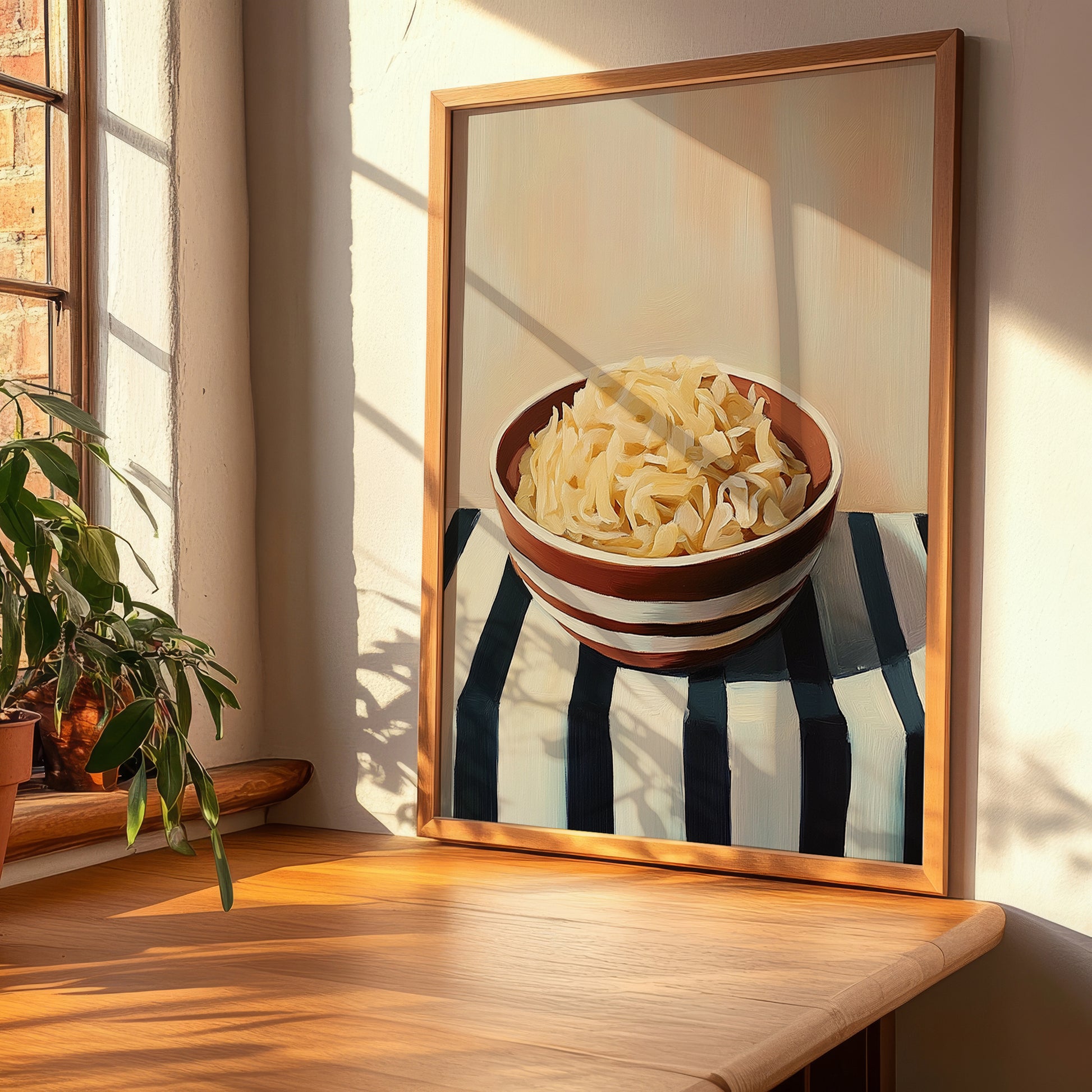 Sauerkraut – on Striped Tablecloth, German Food Still Life, clean layout with no caption