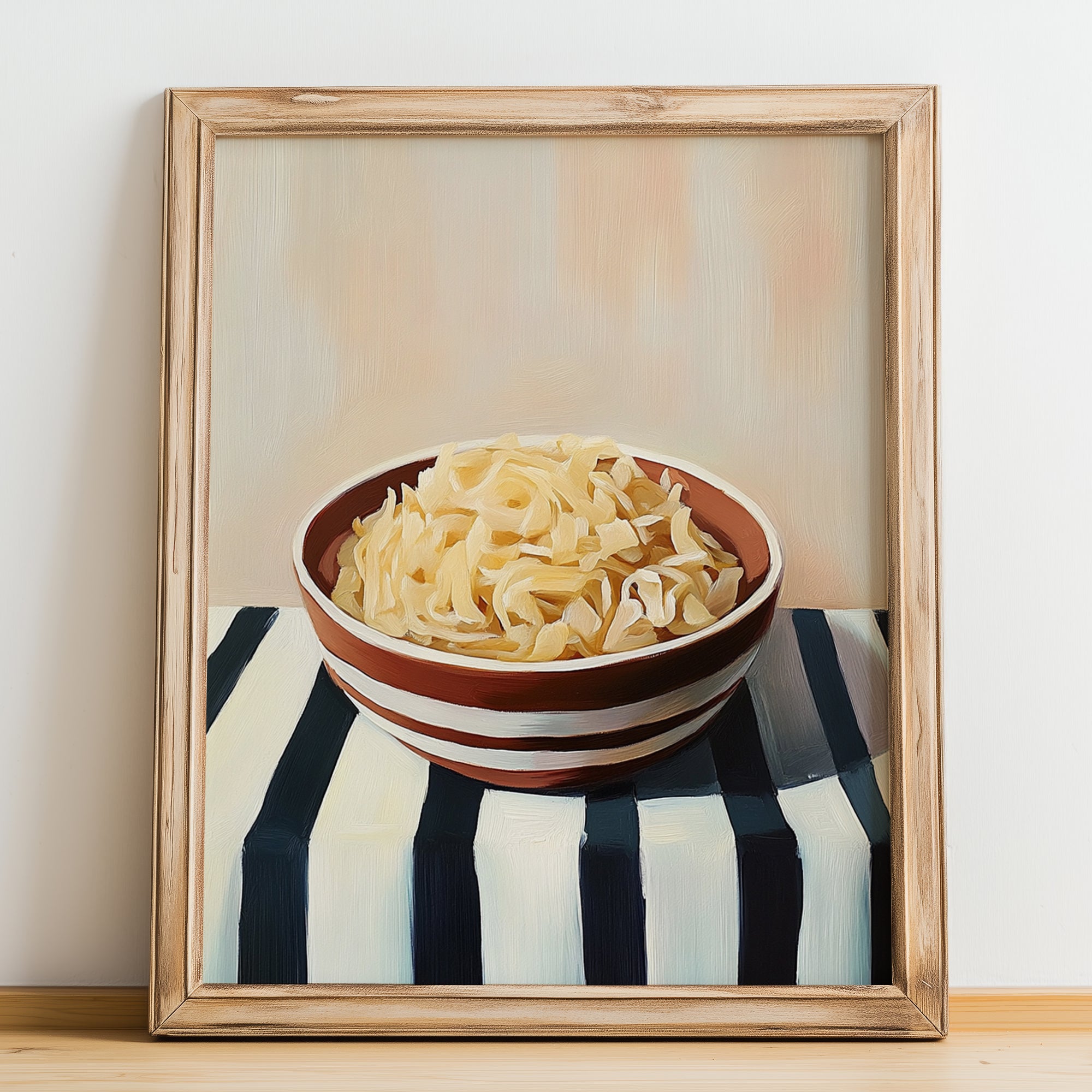 Sauerkraut – on Striped Tablecloth, German Food Still Life, no-text version framed in wood