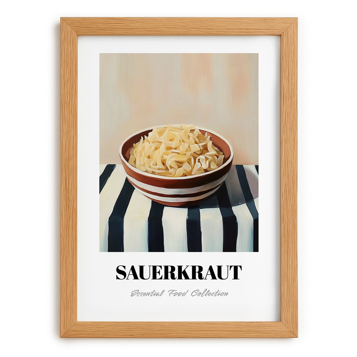 Sauerkraut – on Striped Tablecloth, German Food Still Life, set in oak frame
