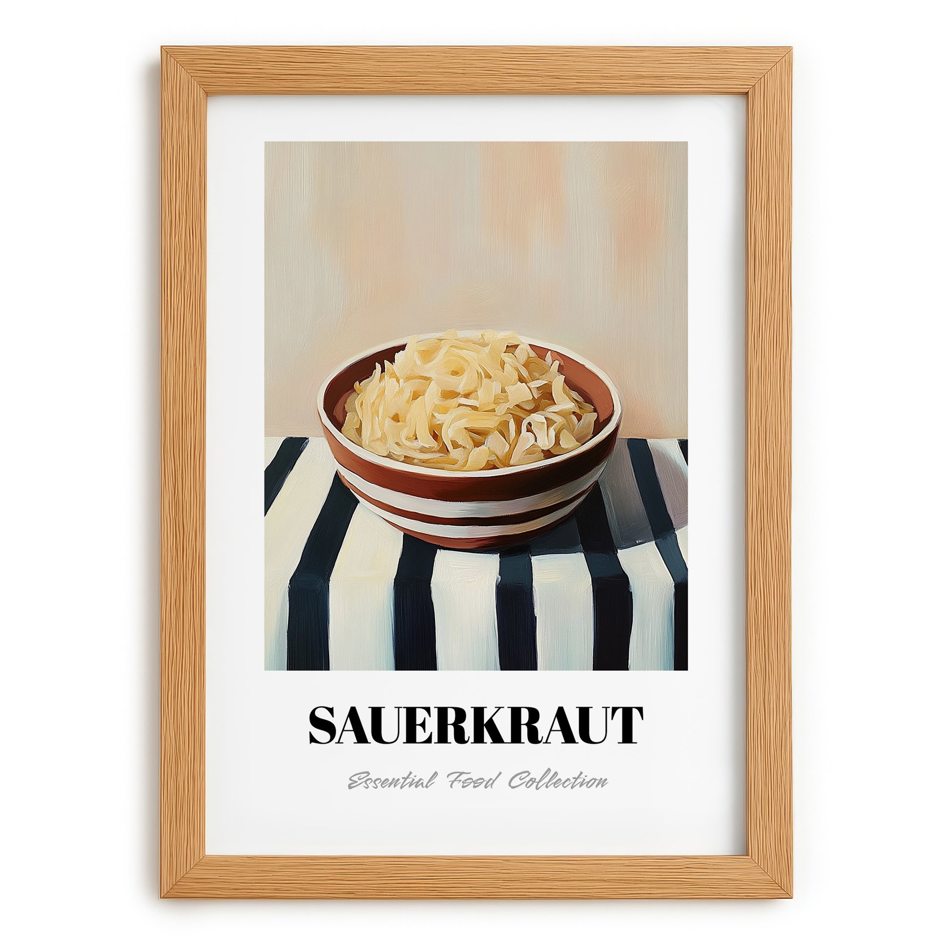 Sauerkraut – on Striped Tablecloth, German Food Still Life, set in oak frame