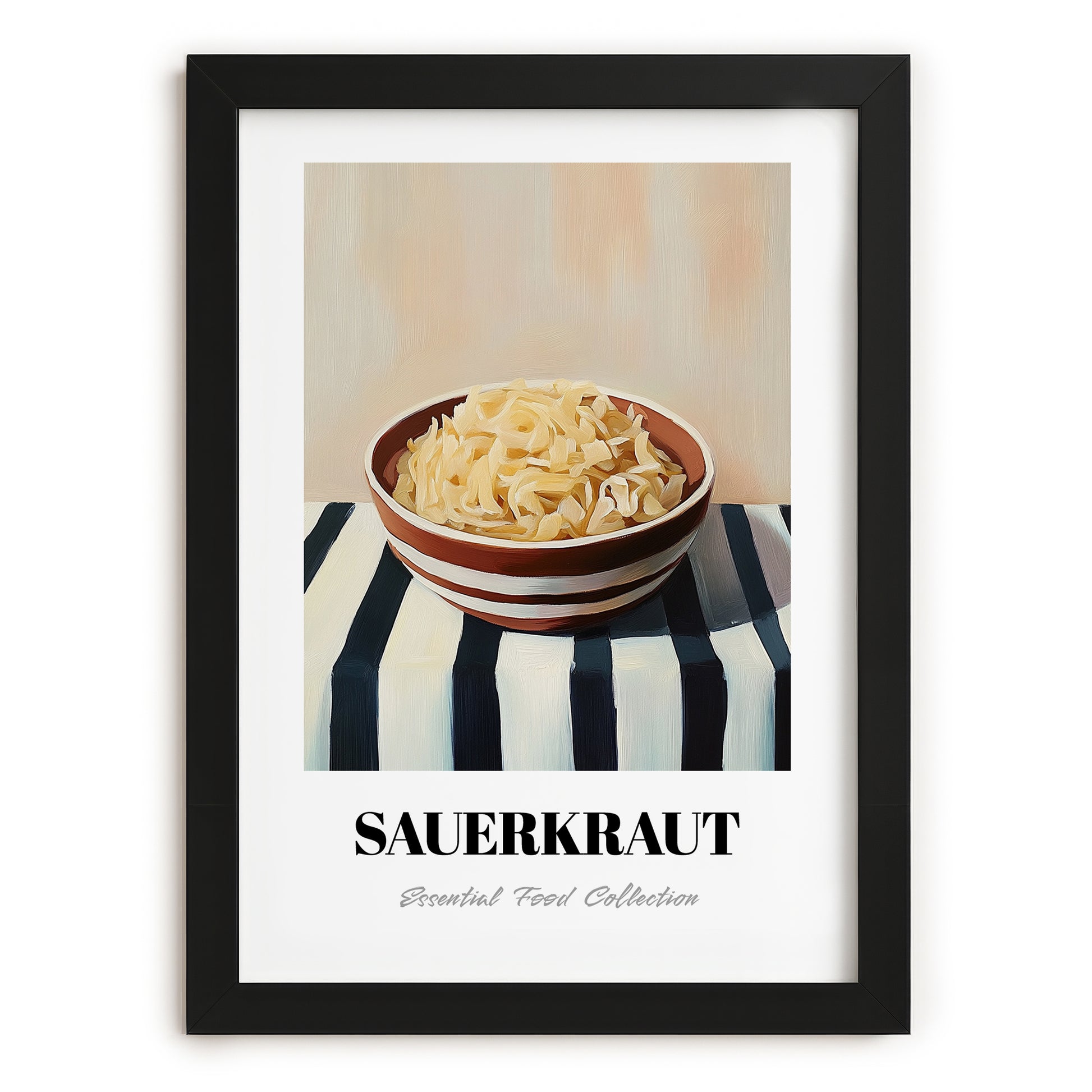 Sauerkraut – on Striped Tablecloth, German Food Still Life, in sleek black frame