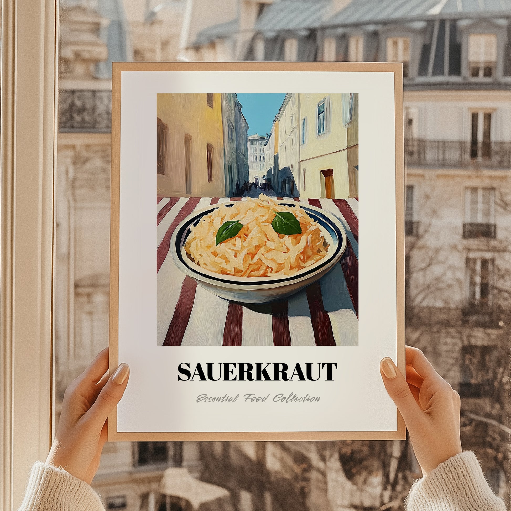 Sauerkraut – White village Outdoor Café Scene, German Food Painting, styled in a charming Paris street view