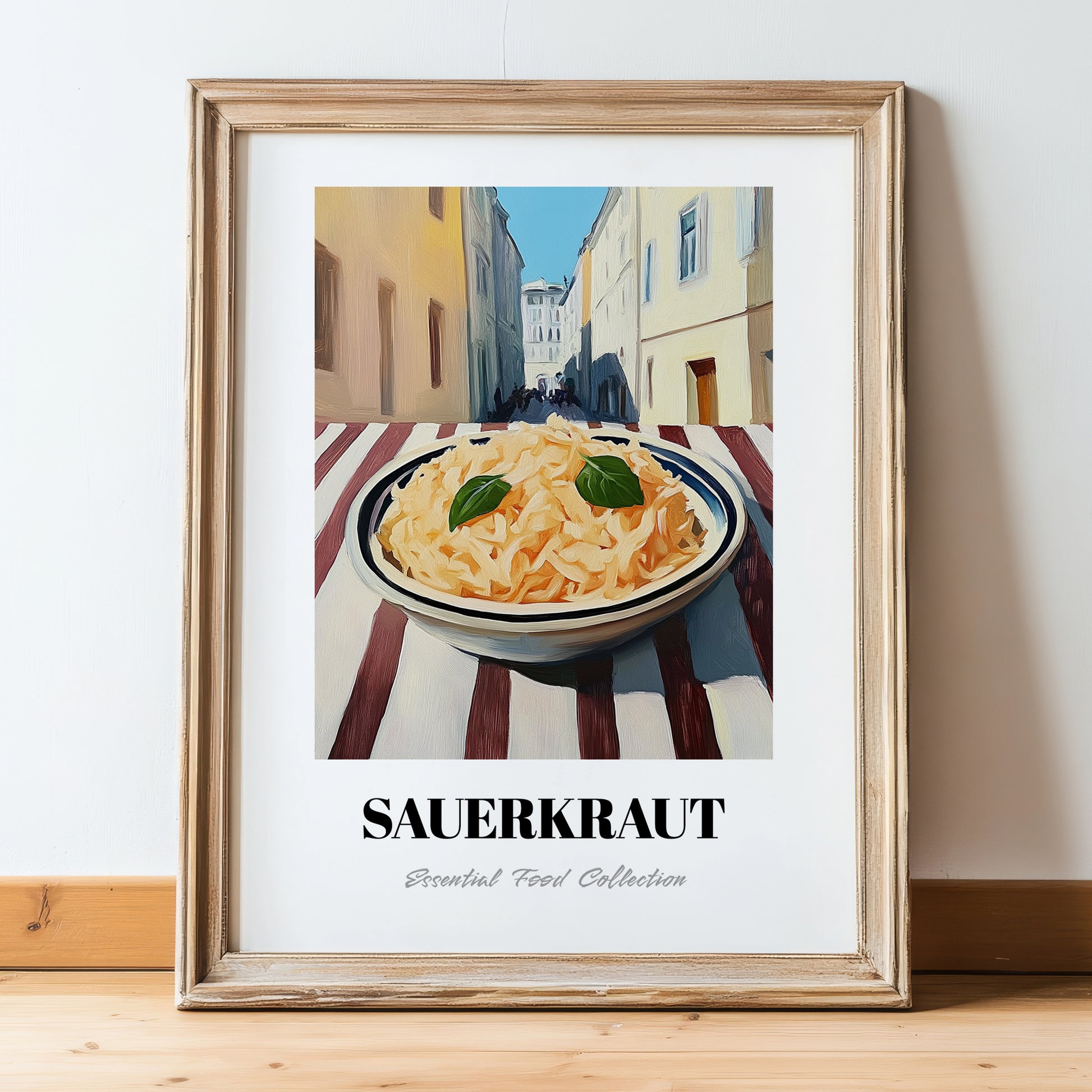 Sauerkraut – White village Outdoor Café Scene, German Food Painting, in wooden frame leaning on the floor