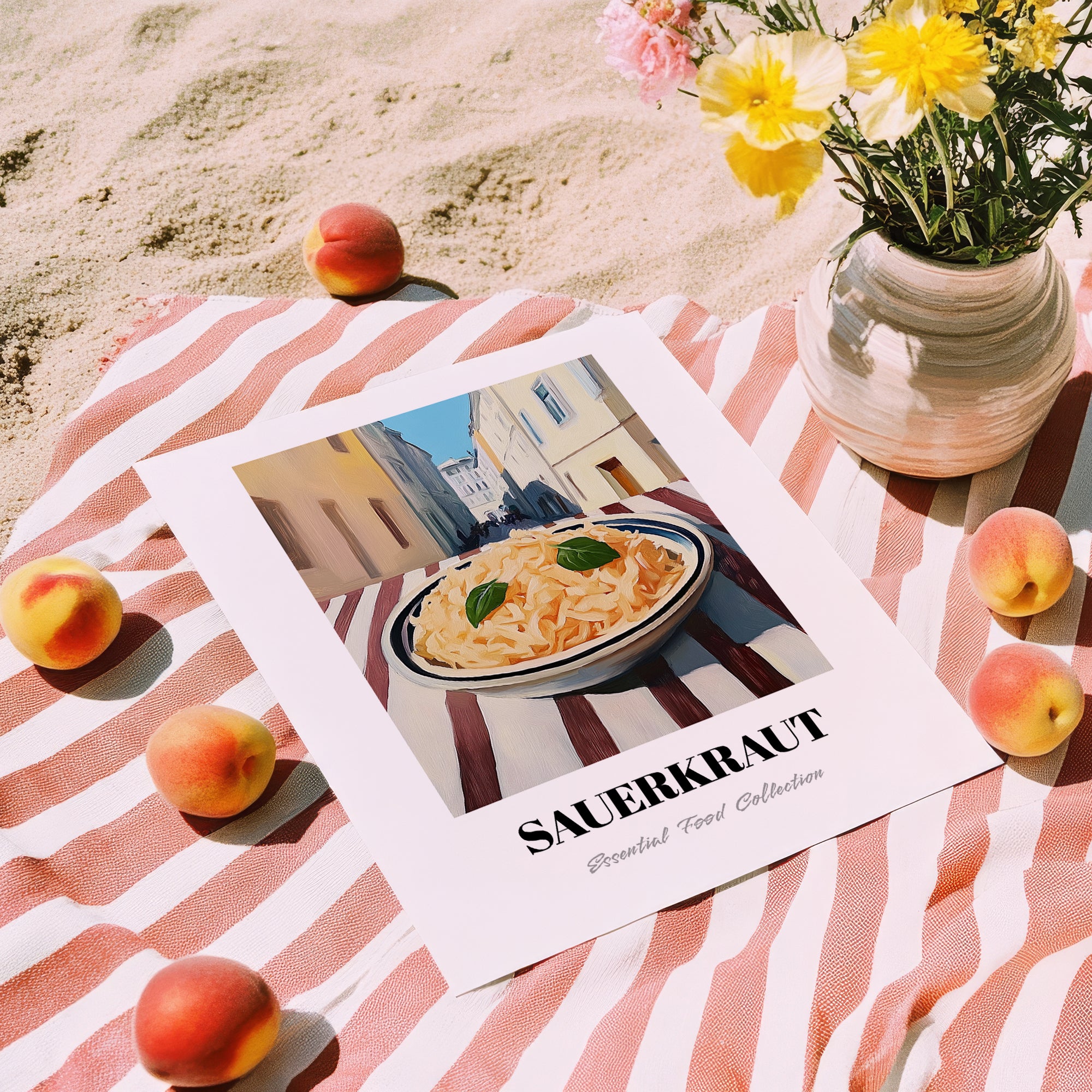 Sauerkraut – White village Outdoor Café Scene, German Food Painting, unframed on coastal sand
