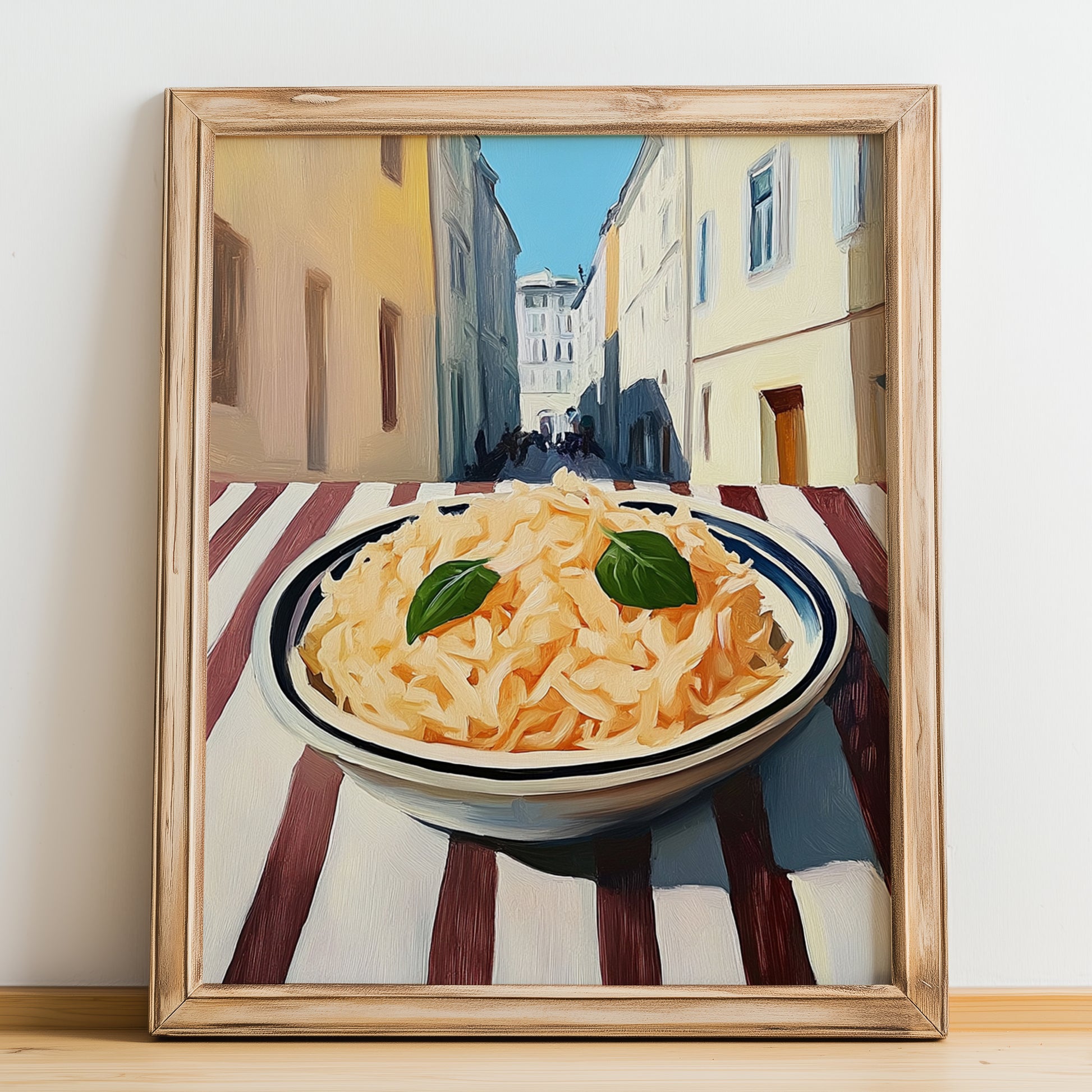 Sauerkraut – White village Outdoor Café Scene, German Food Painting, no-text version framed in wood