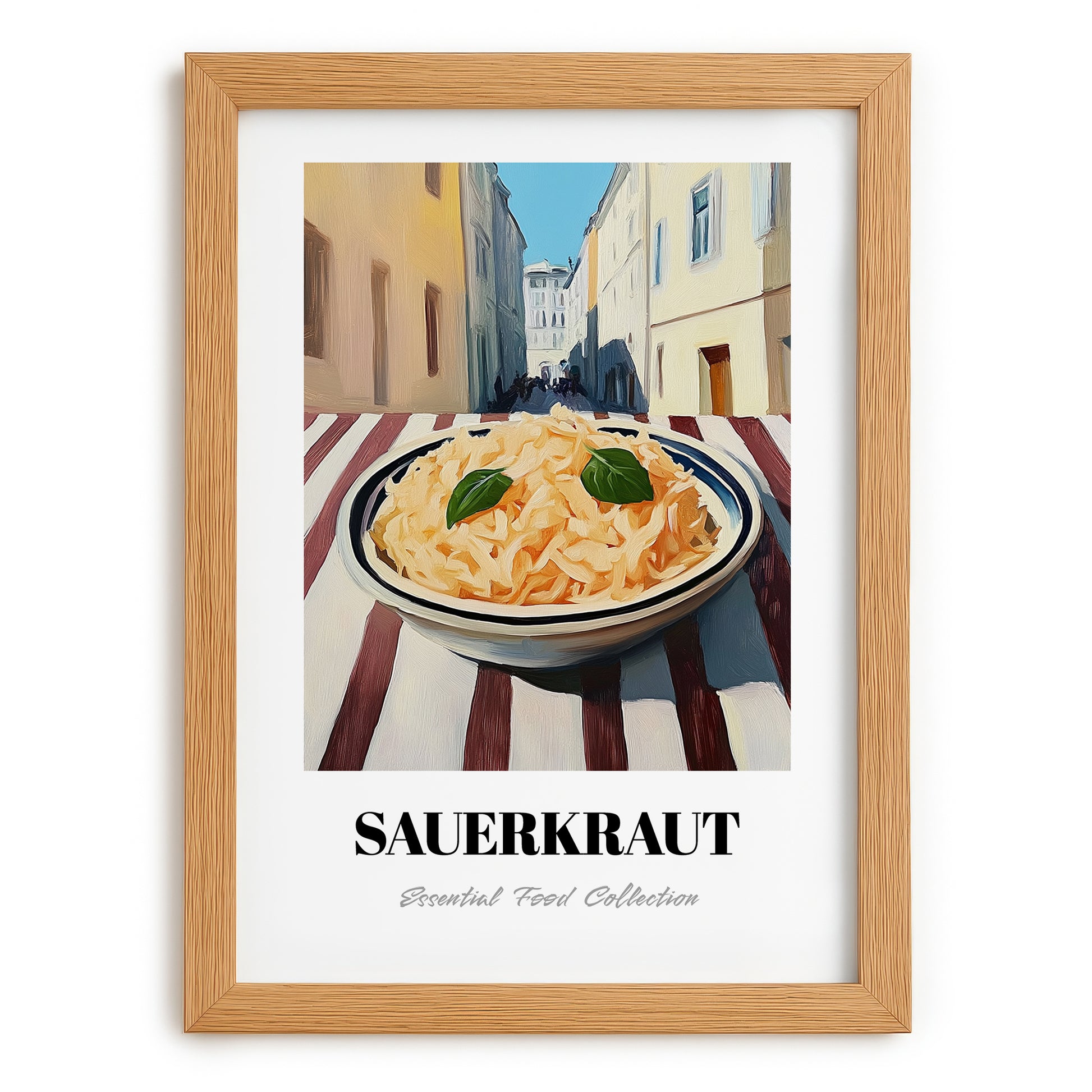 Sauerkraut – White village Outdoor Café Scene, German Food Painting, set in oak frame