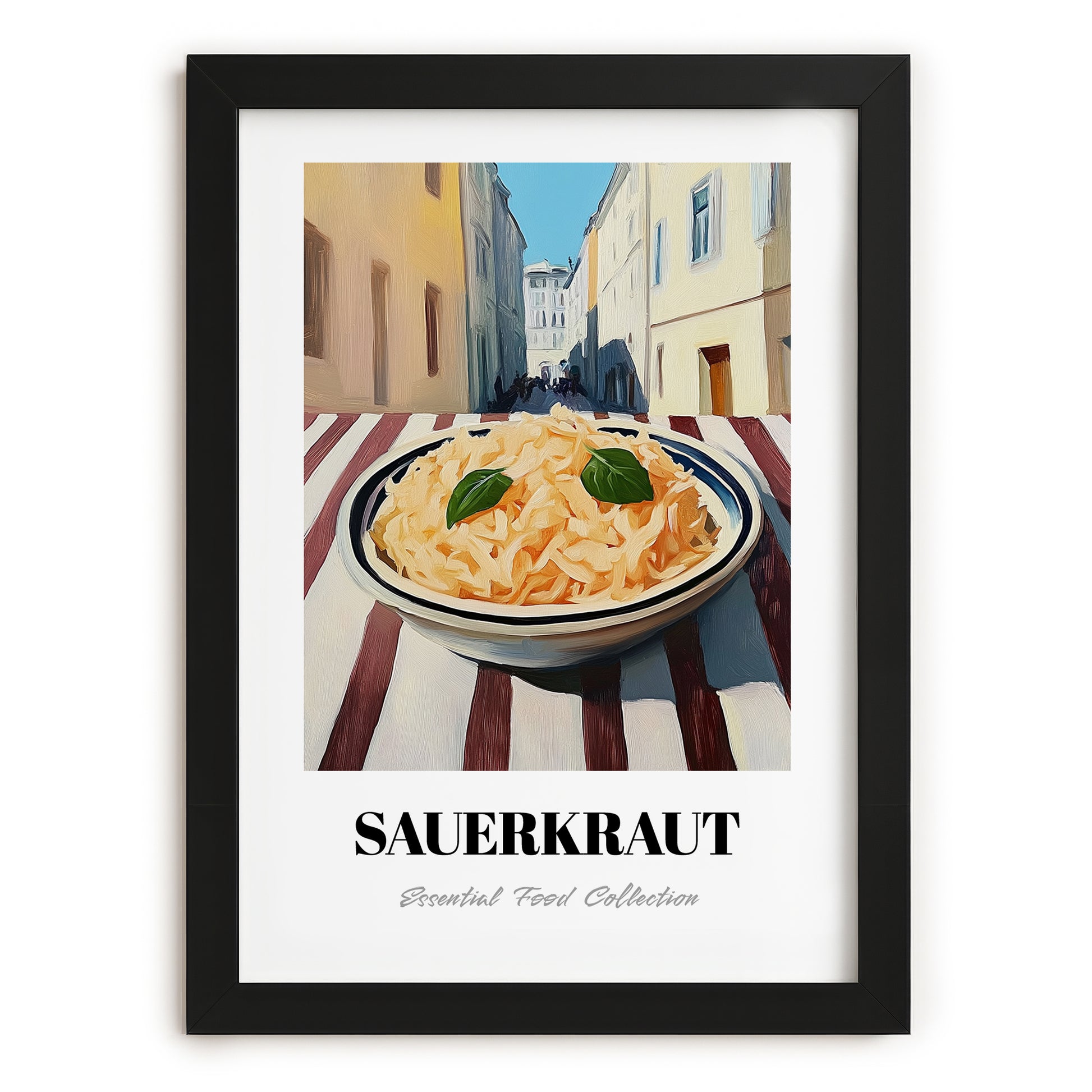 Sauerkraut – White village Outdoor Café Scene, German Food Painting, in sleek black frame