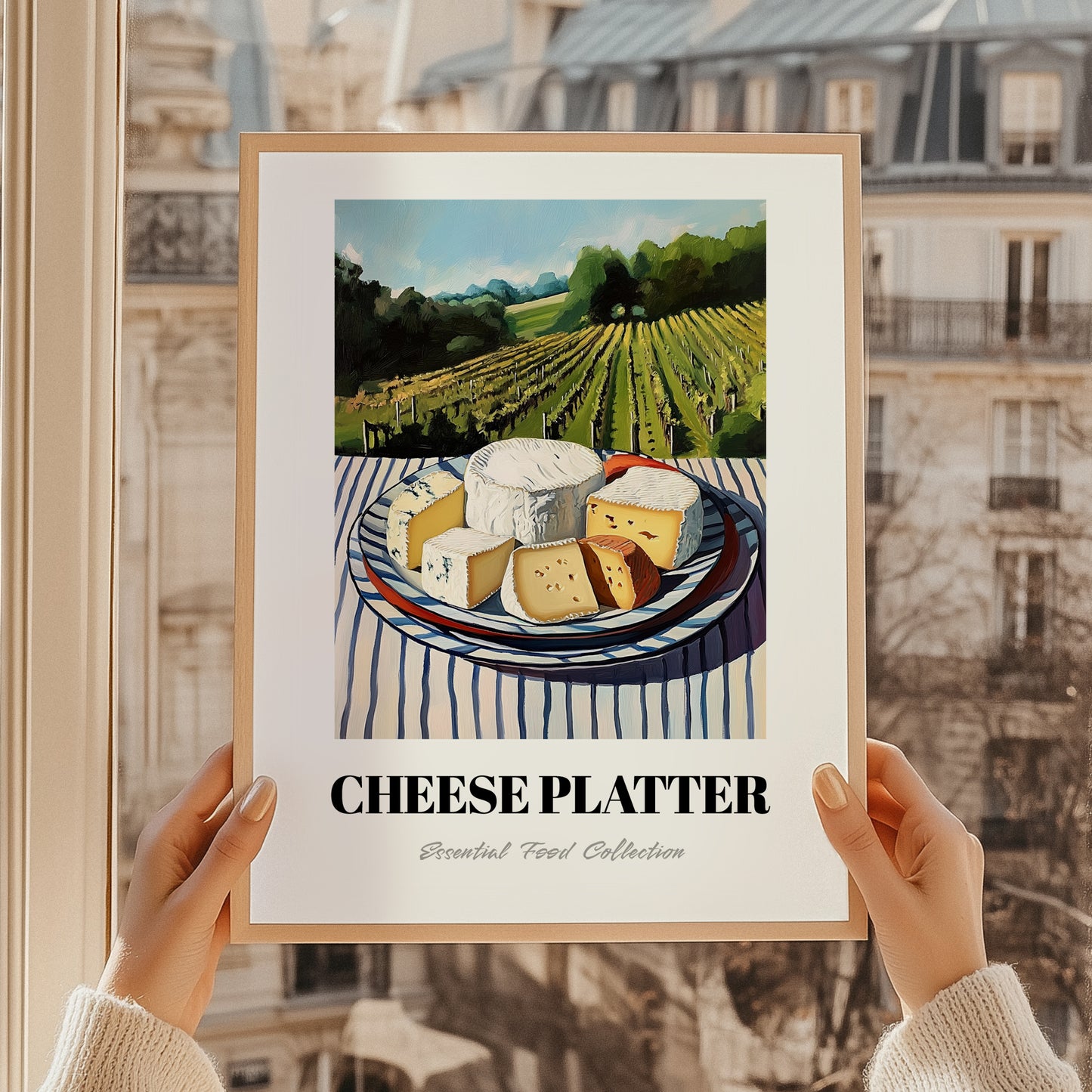 Cheese Platter – Hillside Café View, French Cheese Wall Decor, styled in a charming Paris street view