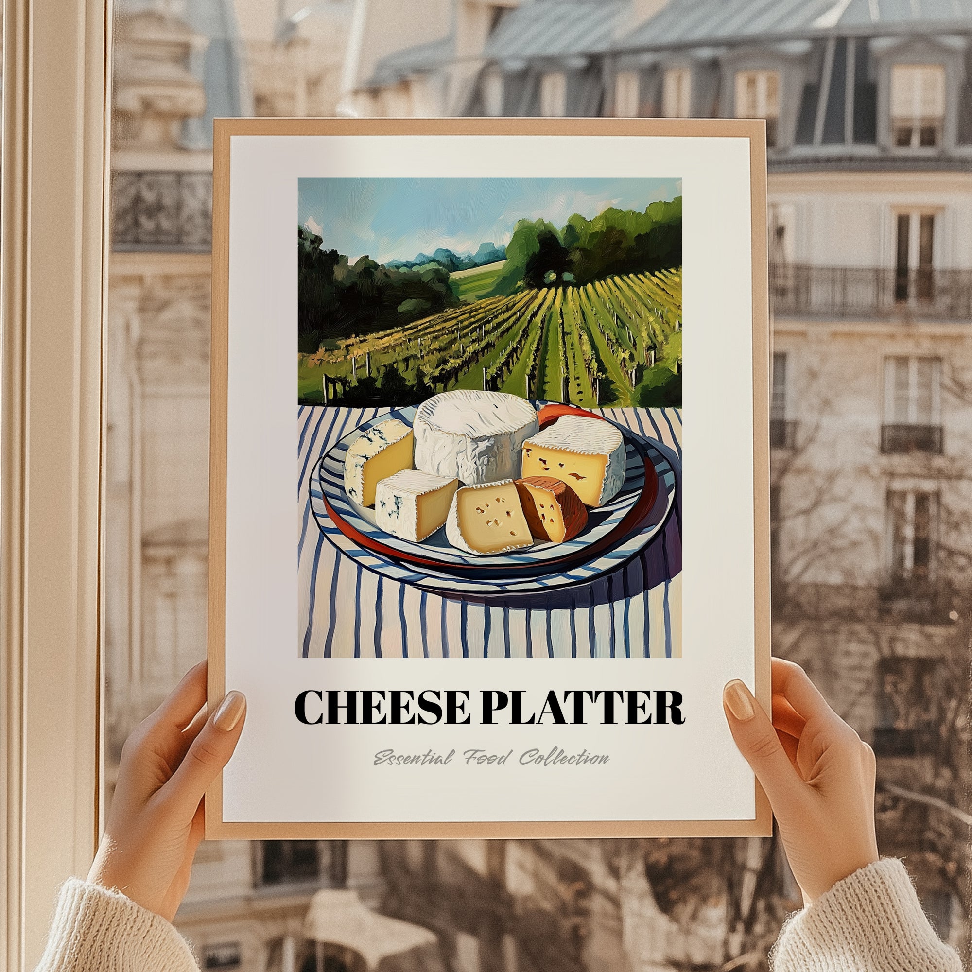 Cheese Platter – Hillside Café View, French Cheese Wall Decor, styled in a charming Paris street view
