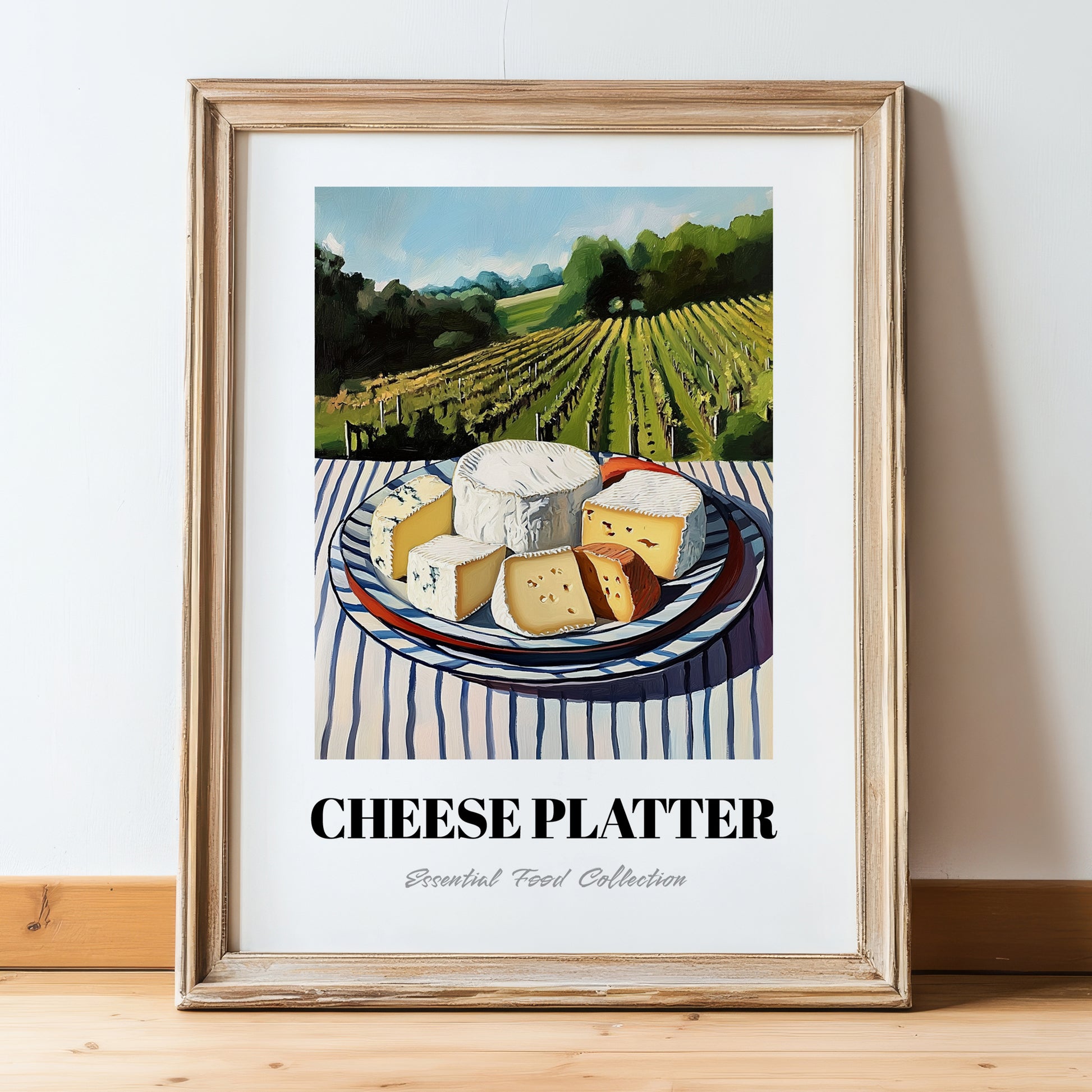 Cheese Platter – Hillside Café View, French Cheese Wall Decor, in wooden frame leaning on the floor