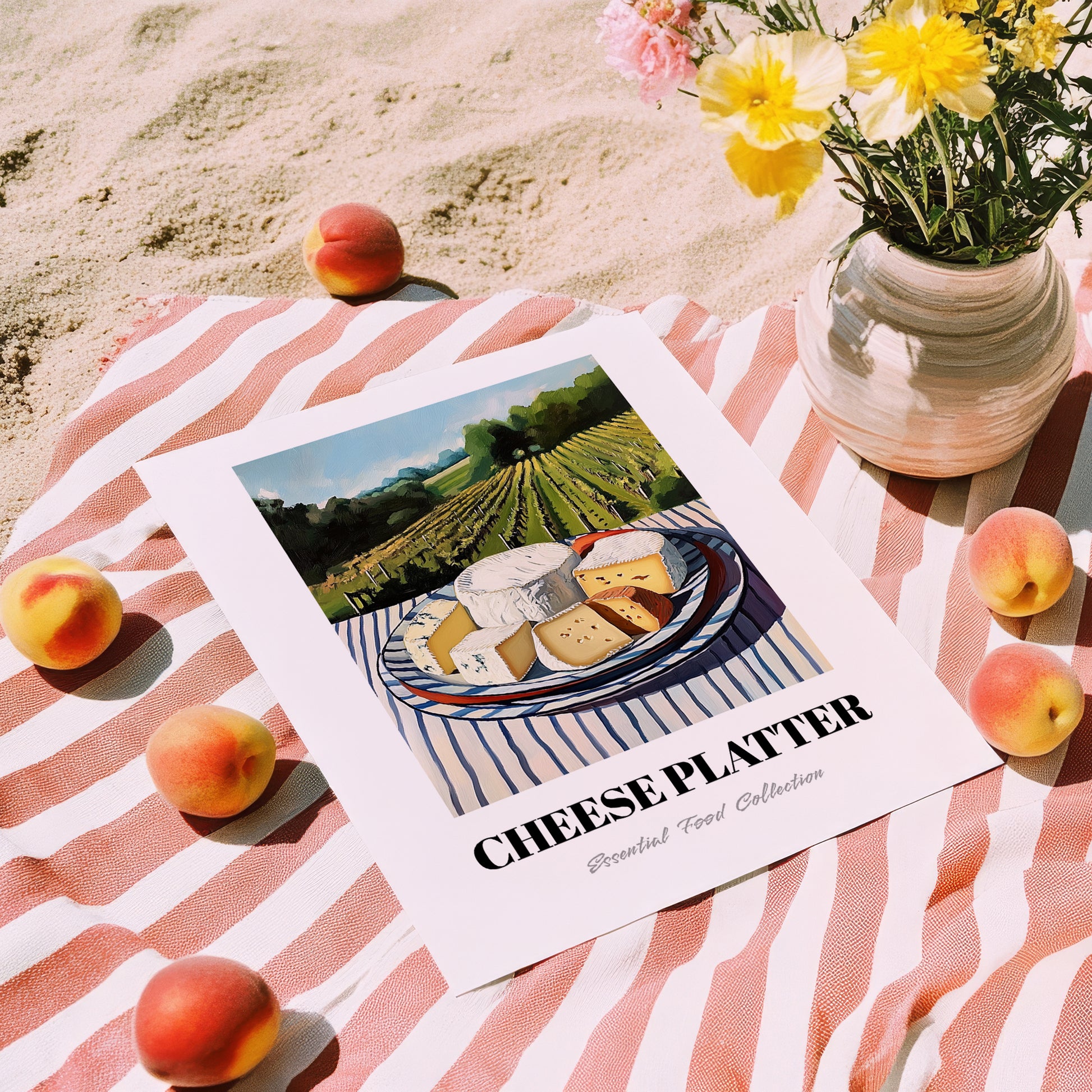 Cheese Platter – Hillside Café View, French Cheese Wall Decor, unframed on coastal sand