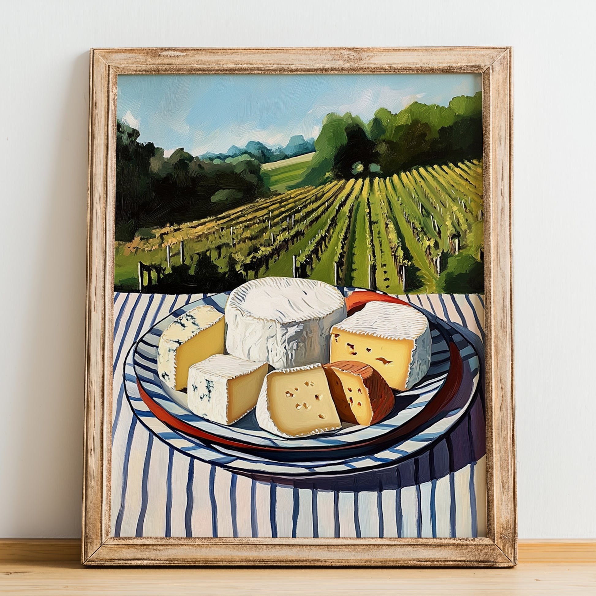 Cheese Platter – Hillside Café View, French Cheese Wall Decor, no-text version framed in wood