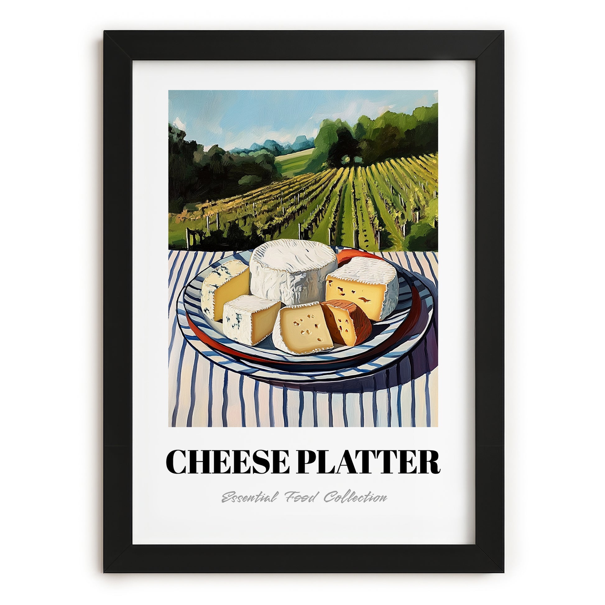 Cheese Platter – Hillside Café View, French Cheese Wall Decor, in sleek black frame