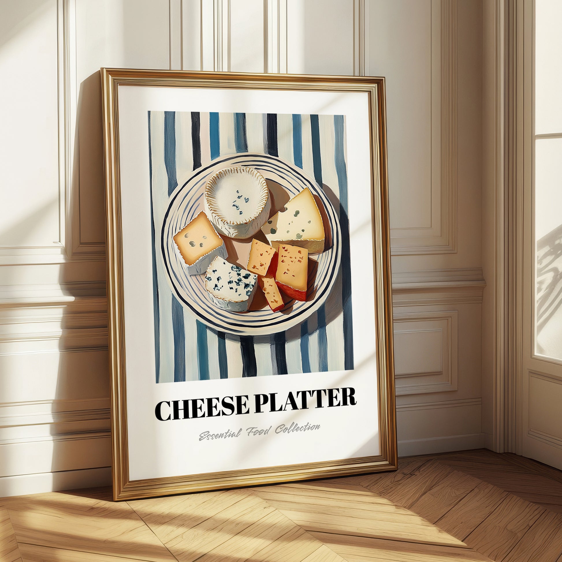 Cheese Platter – on Striped Tablecloth, French Cheese Still Life 