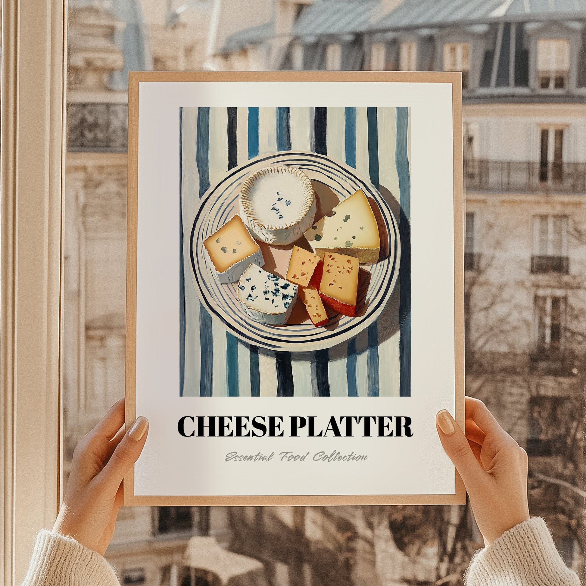 Cheese Platter – on Striped Tablecloth, French Cheese Still Life, styled in a charming Paris street view