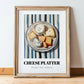 Cheese Platter – on Striped Tablecloth, French Cheese Still Life, in wooden frame leaning on the floor
