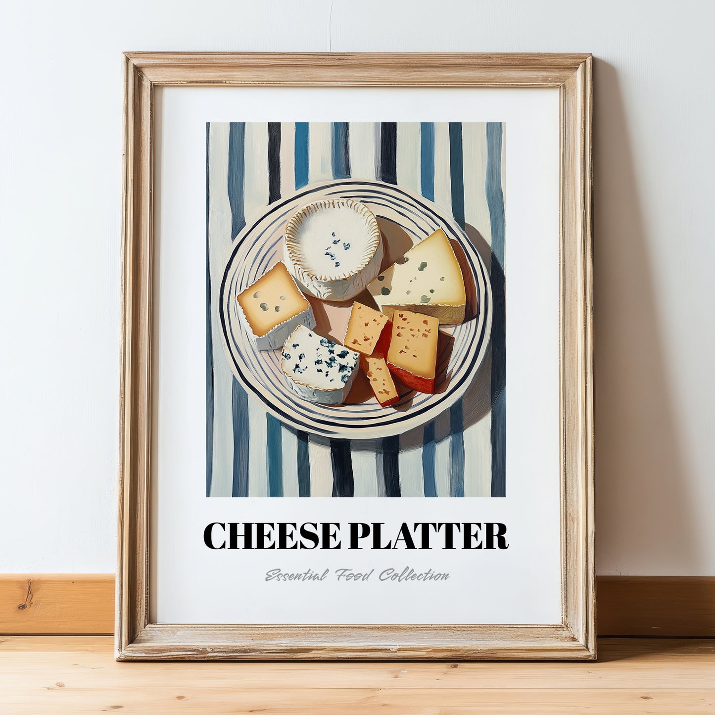Cheese Platter – on Striped Tablecloth, French Cheese Still Life, in wooden frame leaning on the floor