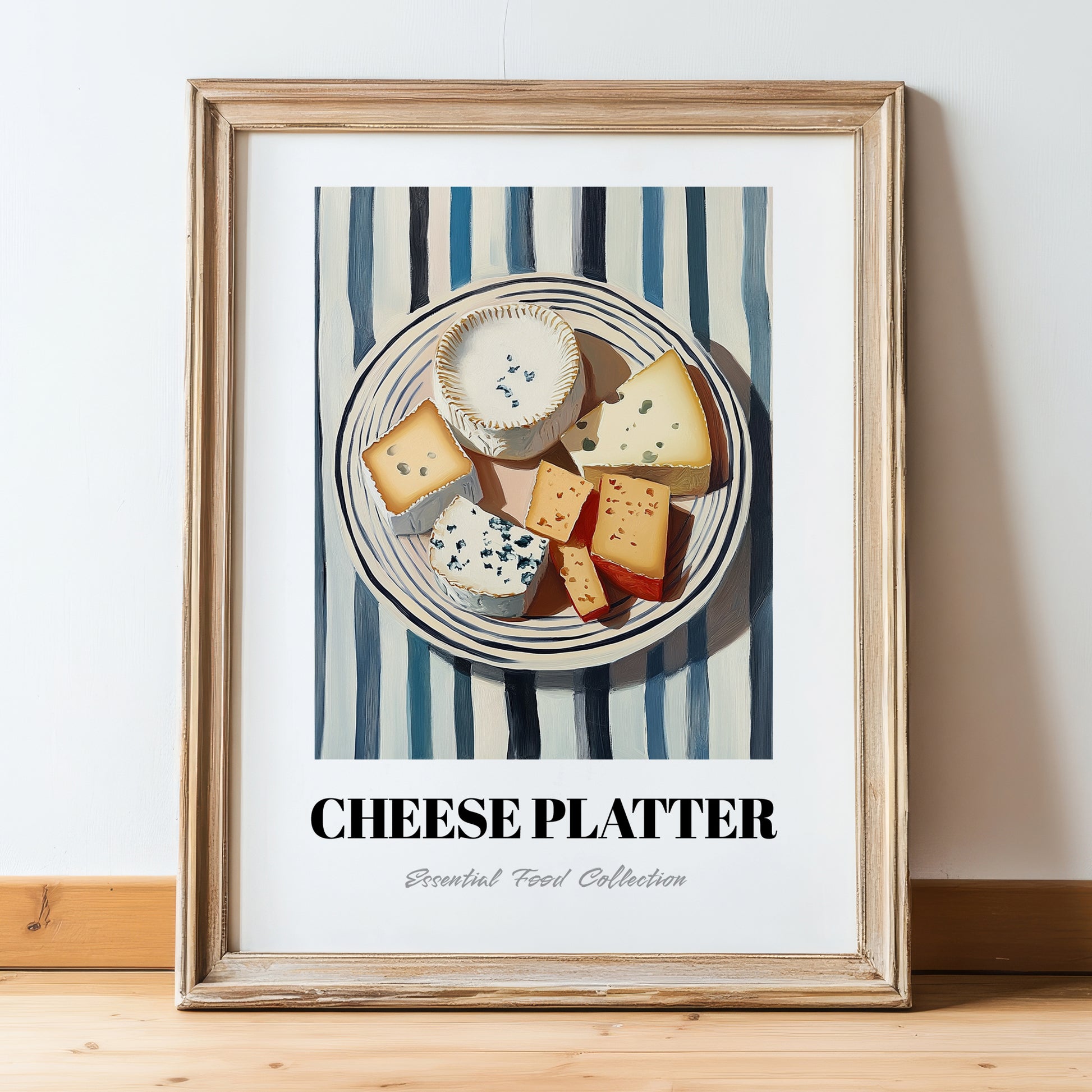 Cheese Platter – on Striped Tablecloth, French Cheese Still Life, in wooden frame leaning on the floor