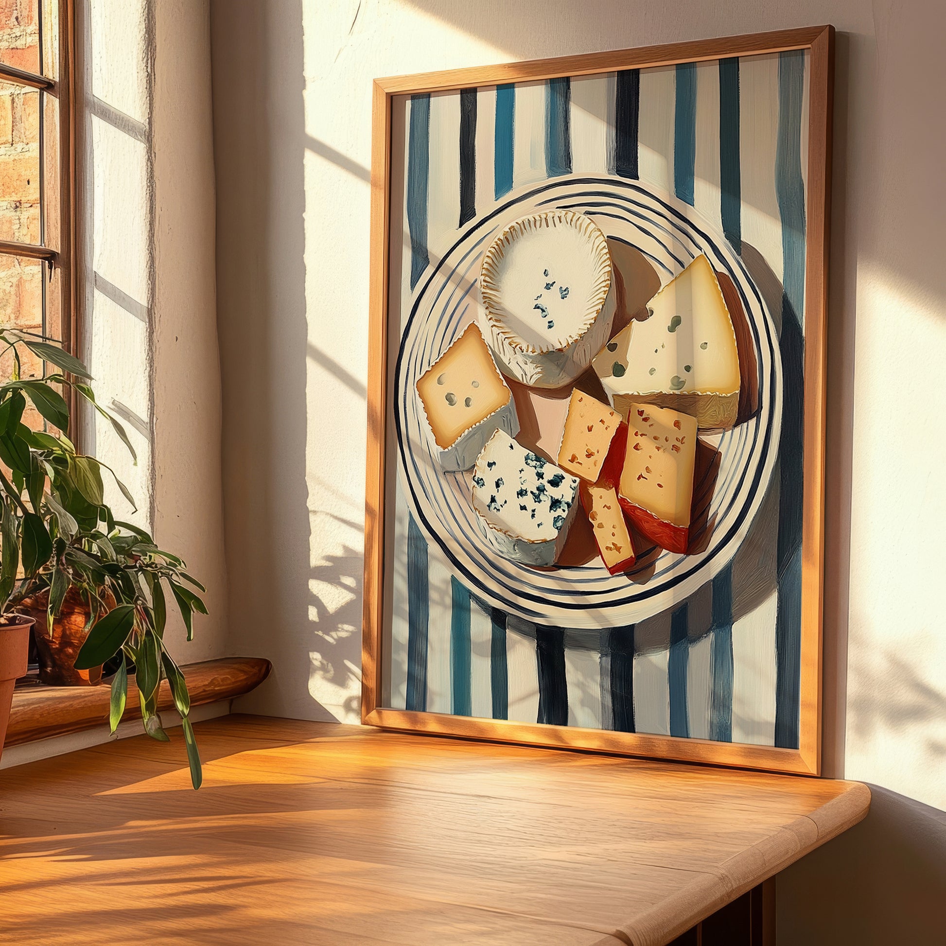 Cheese Platter – on Striped Tablecloth, French Cheese Still Life, clean layout with no caption