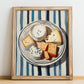 Cheese Platter – on Striped Tablecloth, French Cheese Still Life, no-text version framed in wood