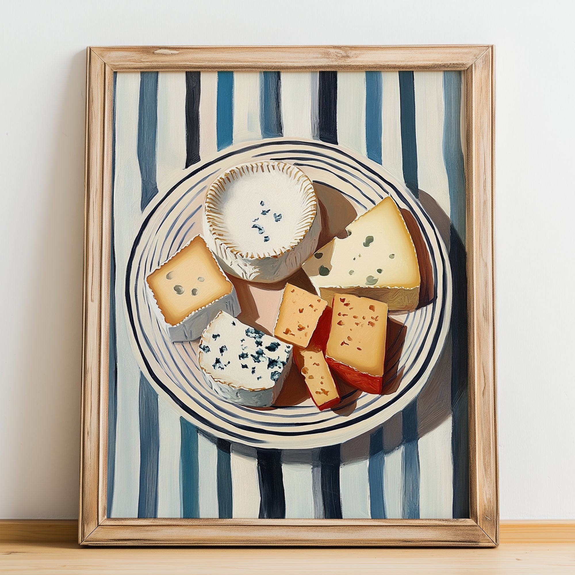 Cheese Platter – on Striped Tablecloth, French Cheese Still Life, no-text version framed in wood