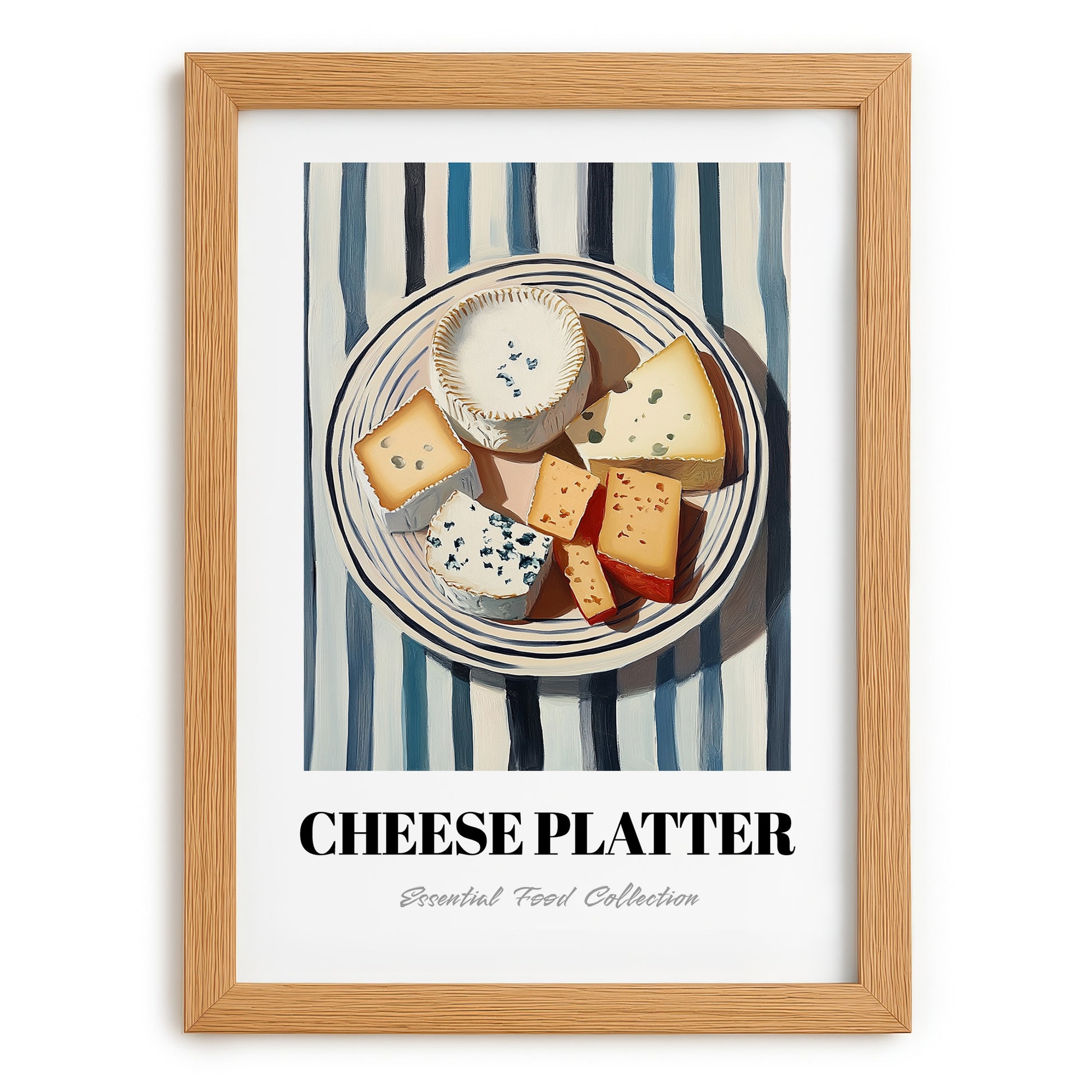 Cheese Platter – on Striped Tablecloth, French Cheese Still Life, set in oak frame