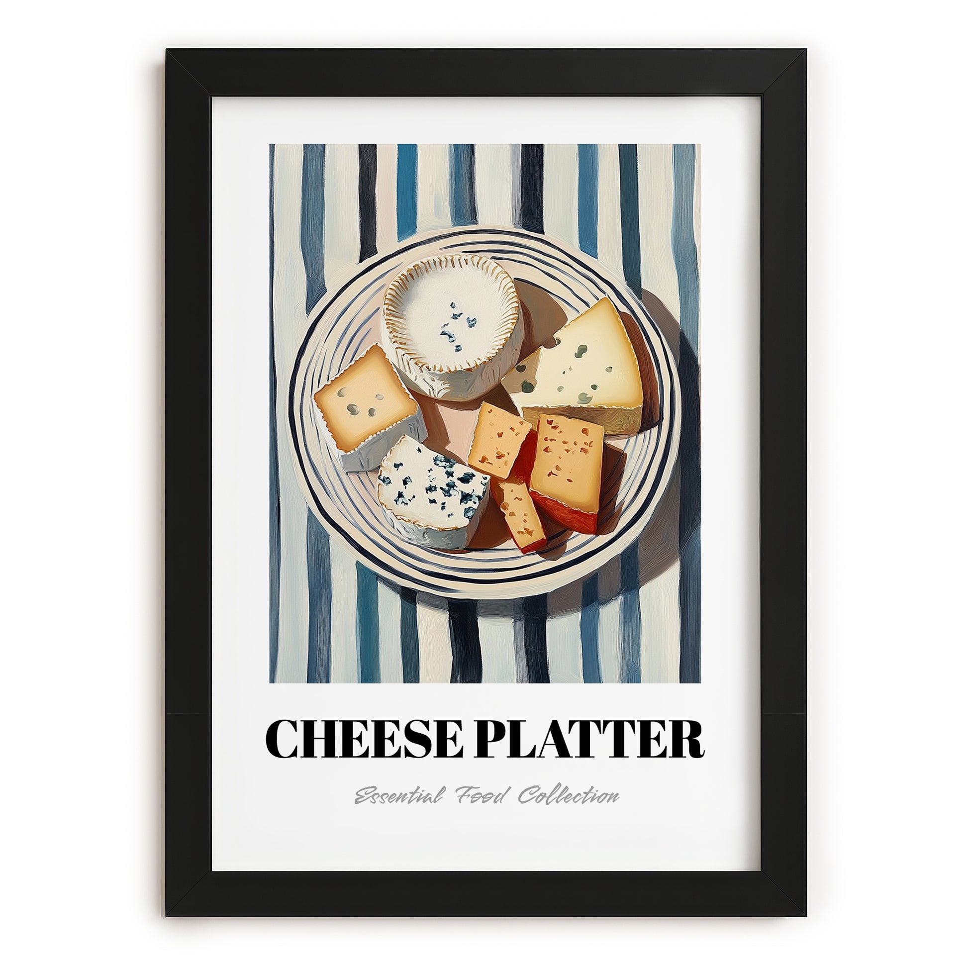 Cheese Platter – on Striped Tablecloth, French Cheese Still Life, in sleek black frame