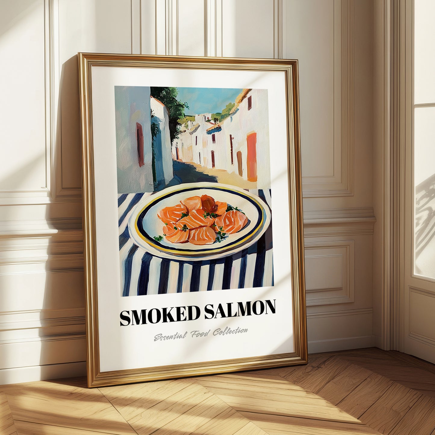 Smoked Salmon – White village Urban Café Scene, Norwegian Food Poster