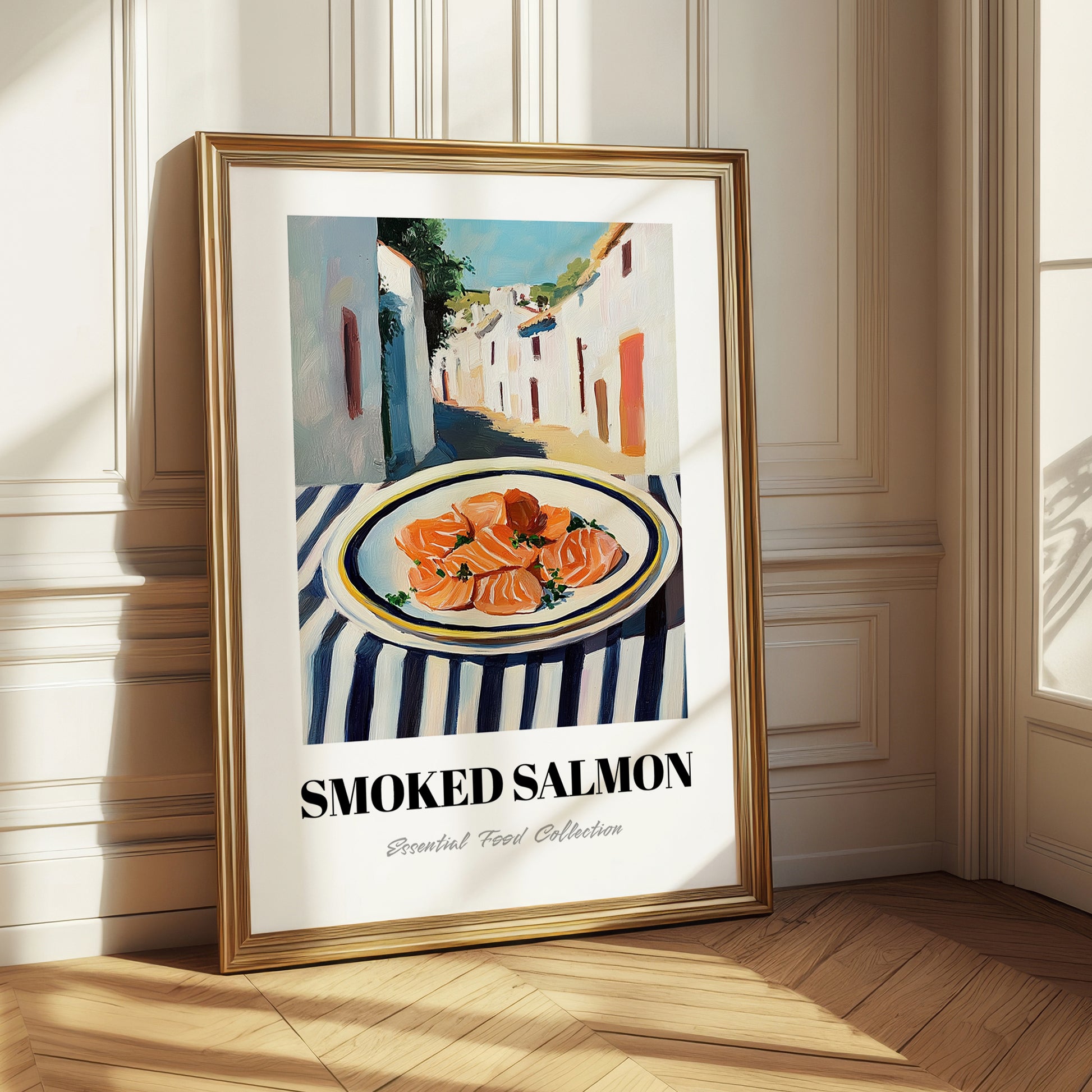 Smoked Salmon – White village Urban Café Scene, Norwegian Food Poster