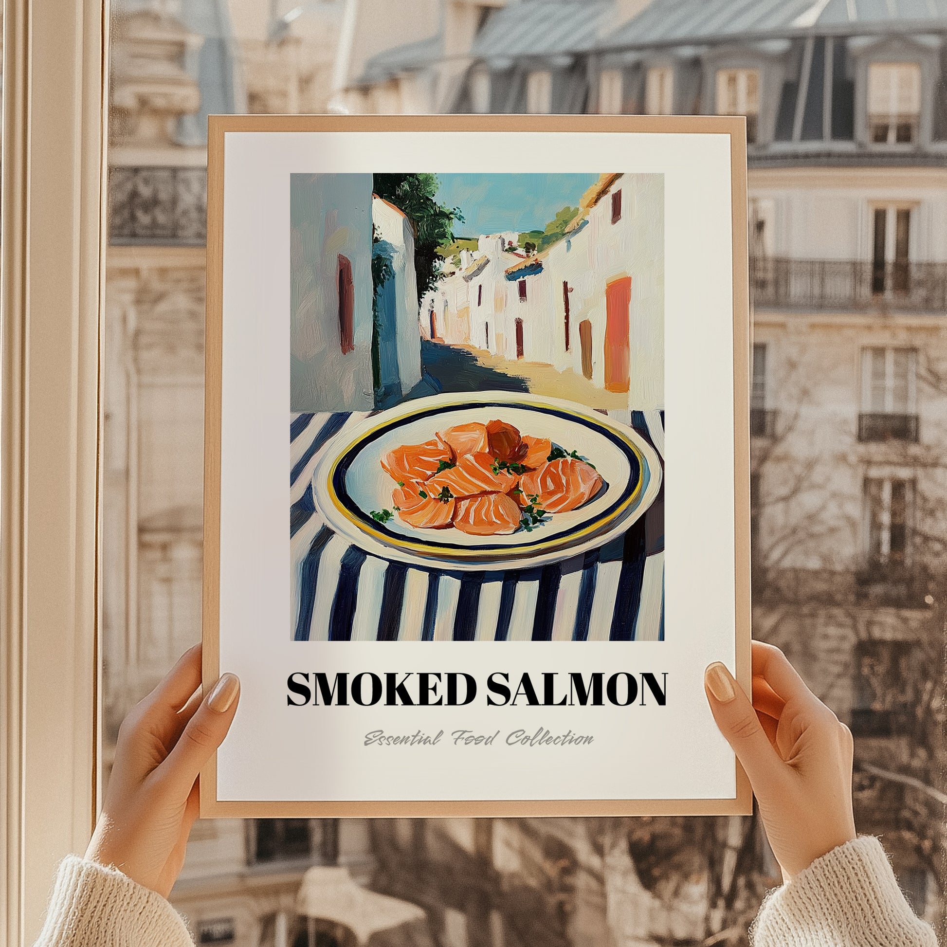 Smoked Salmon – White village Urban Café Scene, Norwegian Food Poster, styled in a charming Paris street view