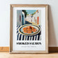 Smoked Salmon – White village Urban Café Scene, Norwegian Food Poster, in wooden frame leaning on the floor
