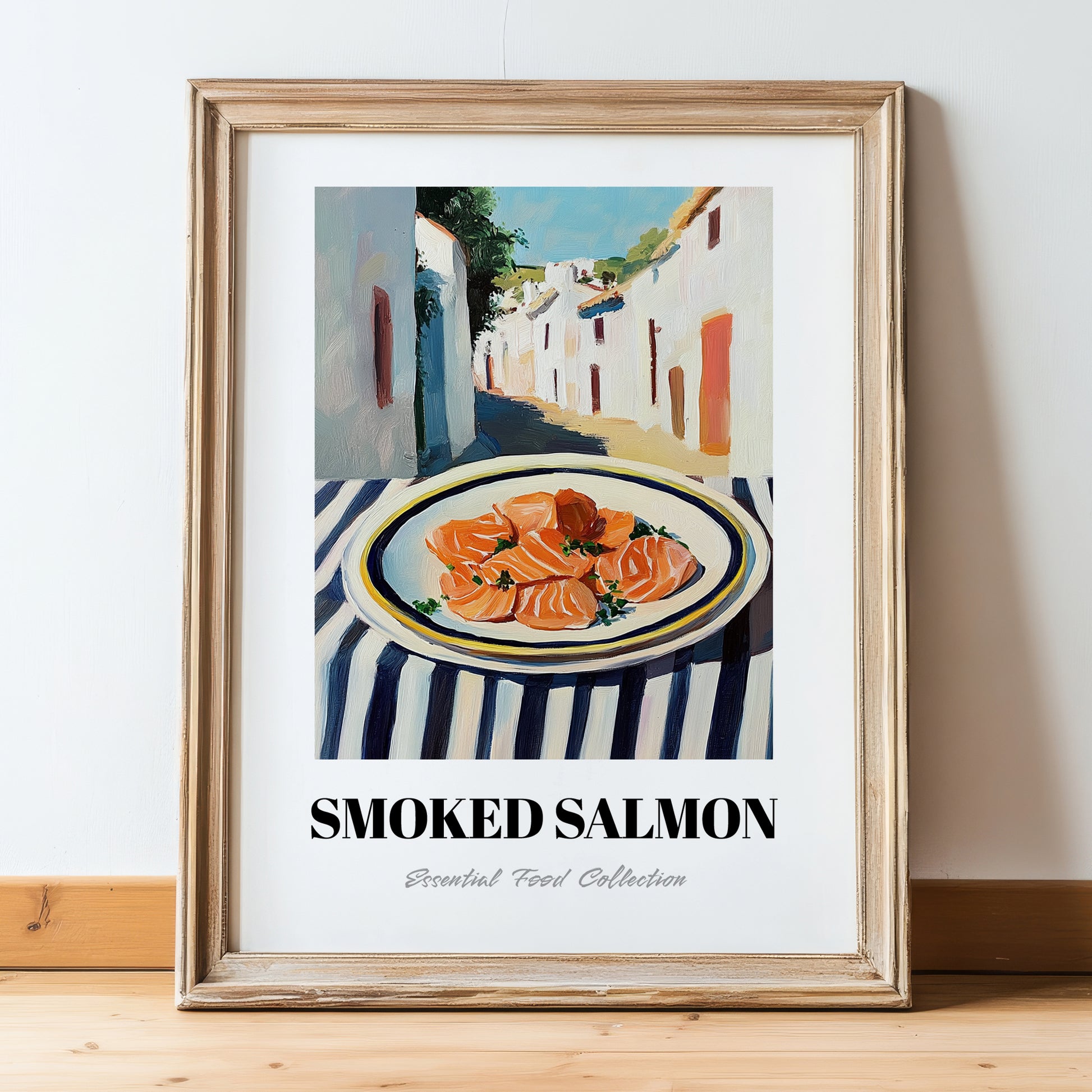 Smoked Salmon – White village Urban Café Scene, Norwegian Food Poster, in wooden frame leaning on the floor