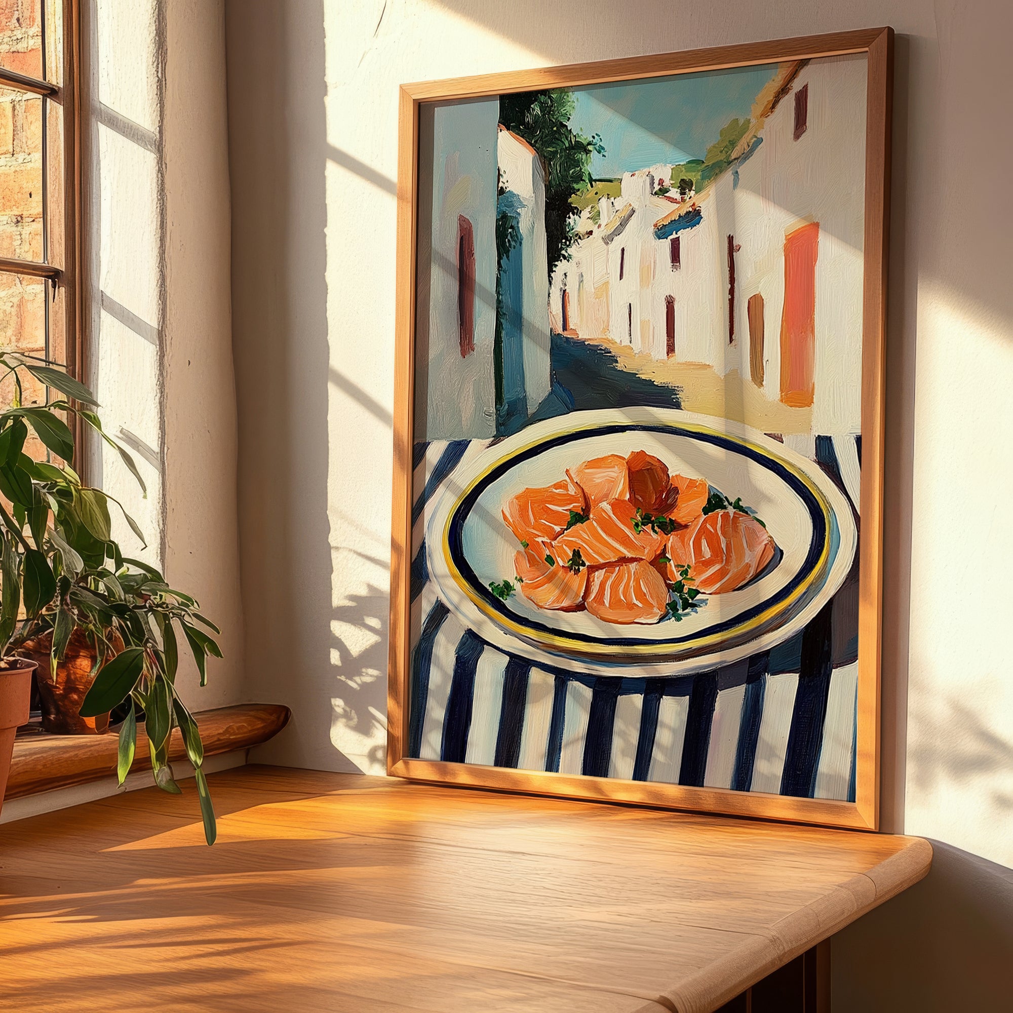 Smoked Salmon – White village Urban Café Scene, Norwegian Food Poster, clean layout with no caption