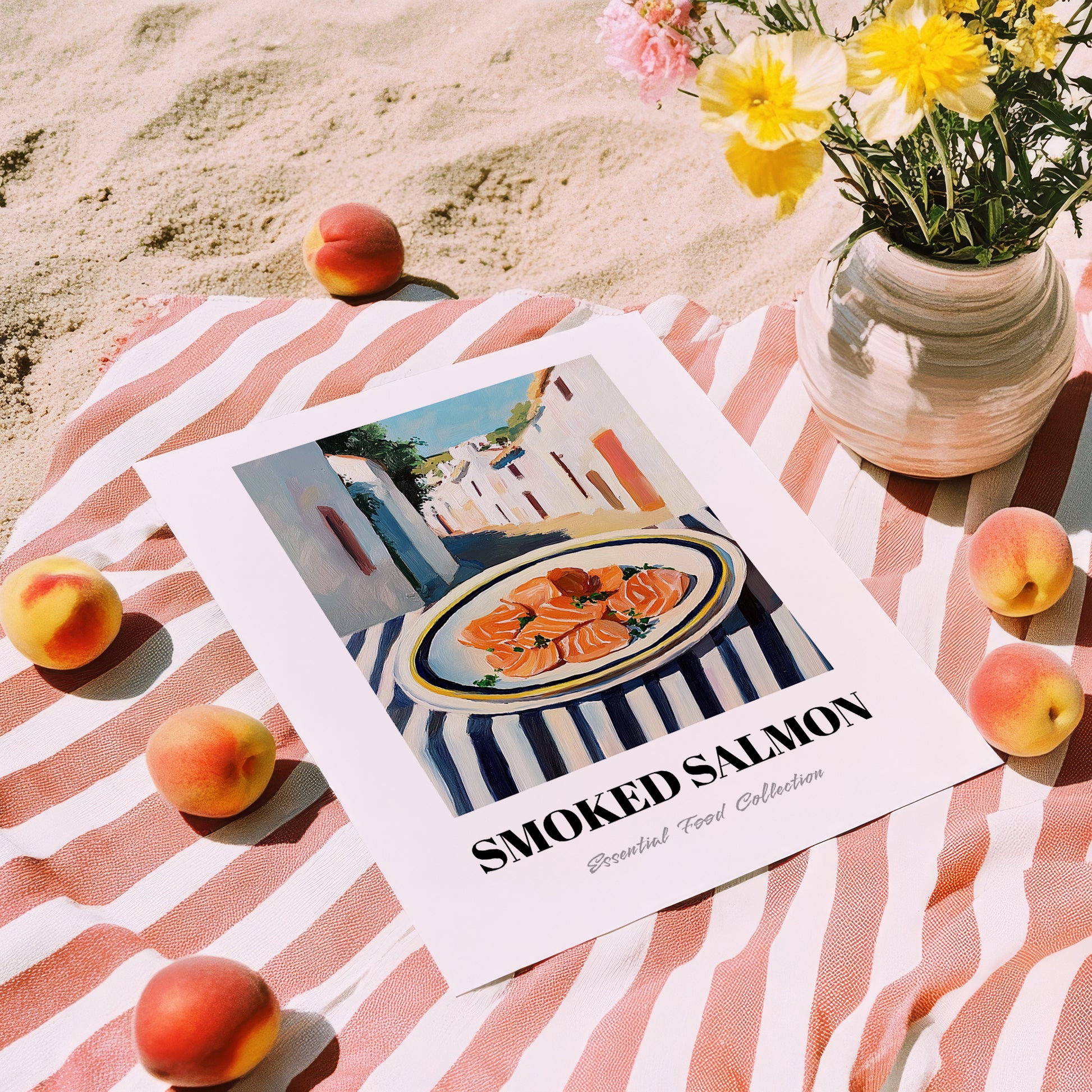 Smoked Salmon – White village Urban Café Scene, Norwegian Food Poster, unframed on coastal sand