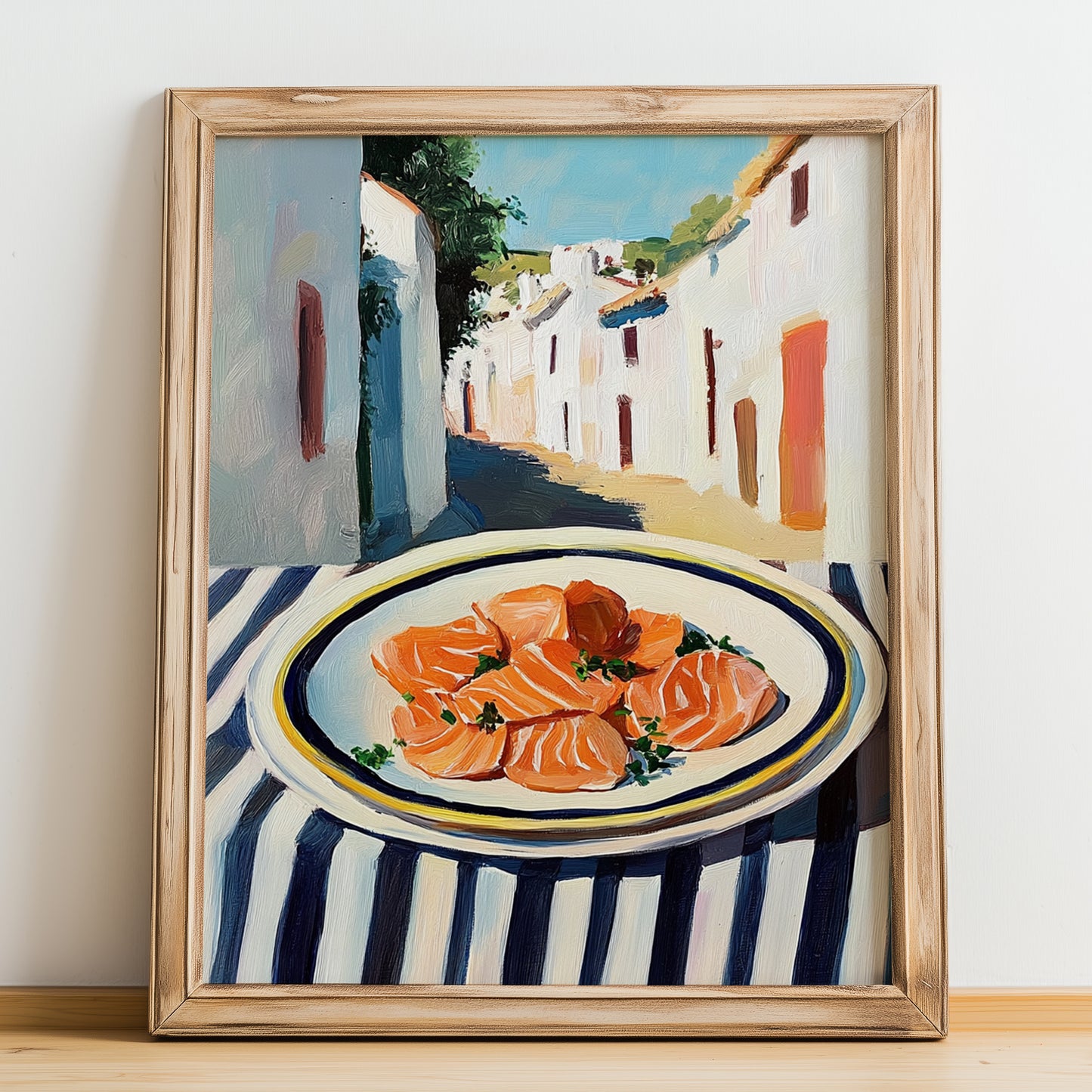 Smoked Salmon – White village Urban Café Scene, Norwegian Food Poster, no-text version framed in wood