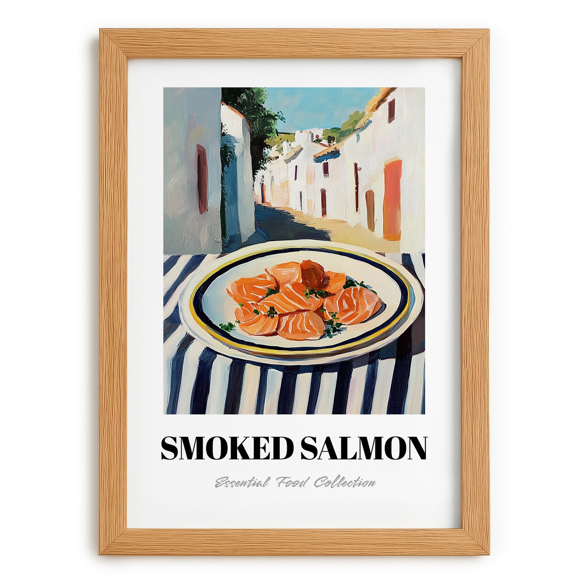 Smoked Salmon – White village Urban Café Scene, Norwegian Food Poster, set in oak frame