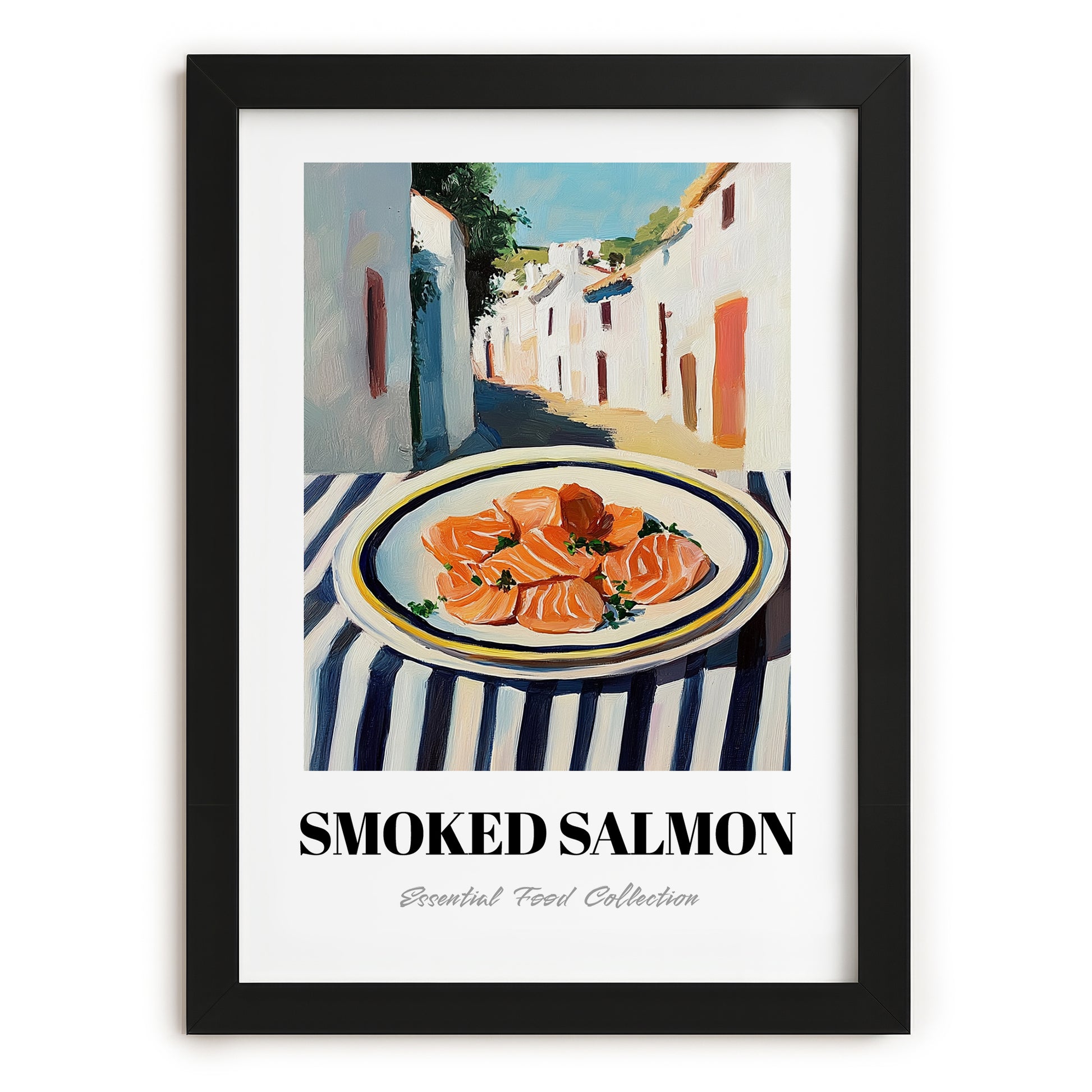 Smoked Salmon – White village Urban Café Scene, Norwegian Food Poster, in sleek black frame