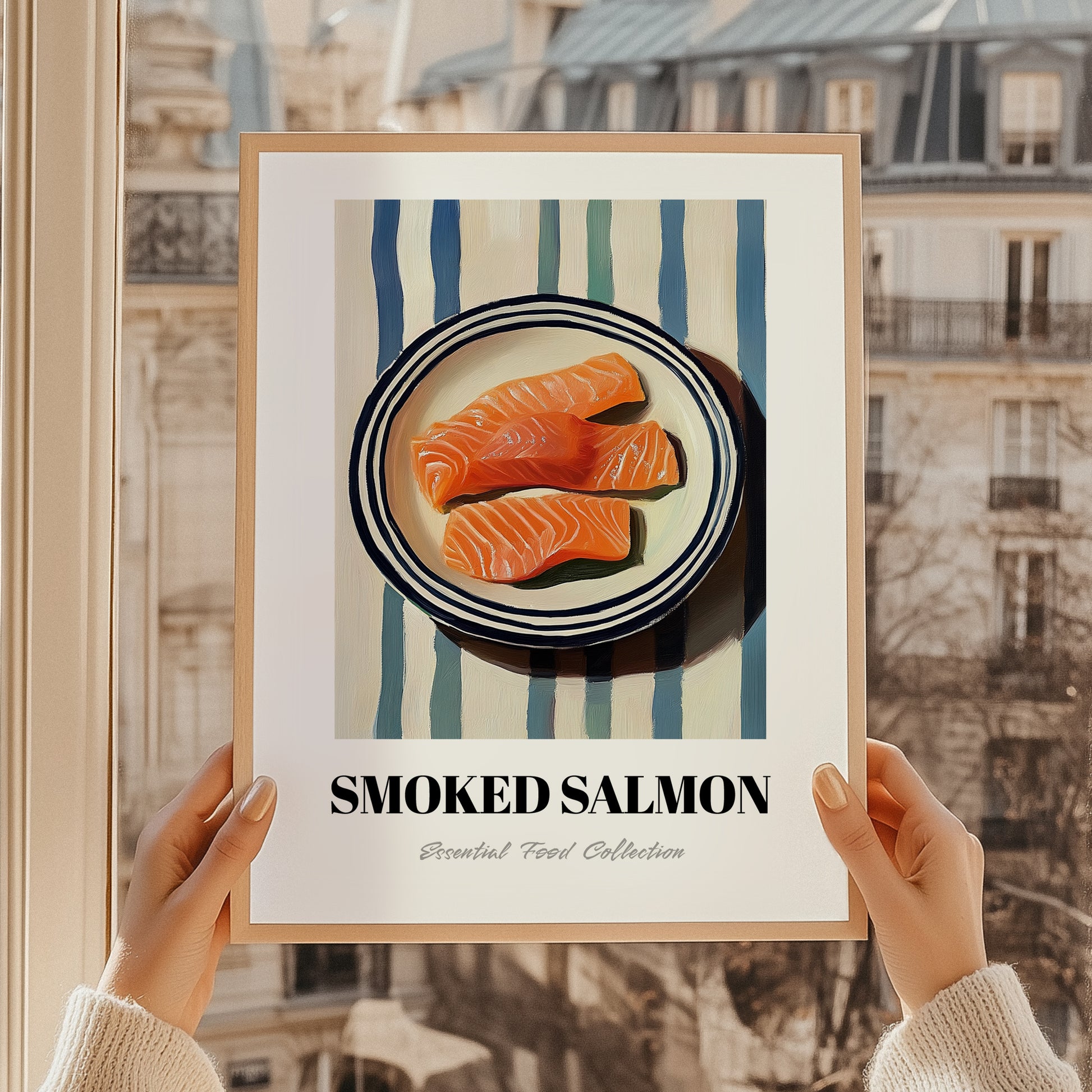 Smoked Salmon – on Striped Tablecloth, Norwegian Food Art, styled in a charming Paris street view