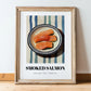 Smoked Salmon – on Striped Tablecloth, Norwegian Food Art, in wooden frame leaning on the floor